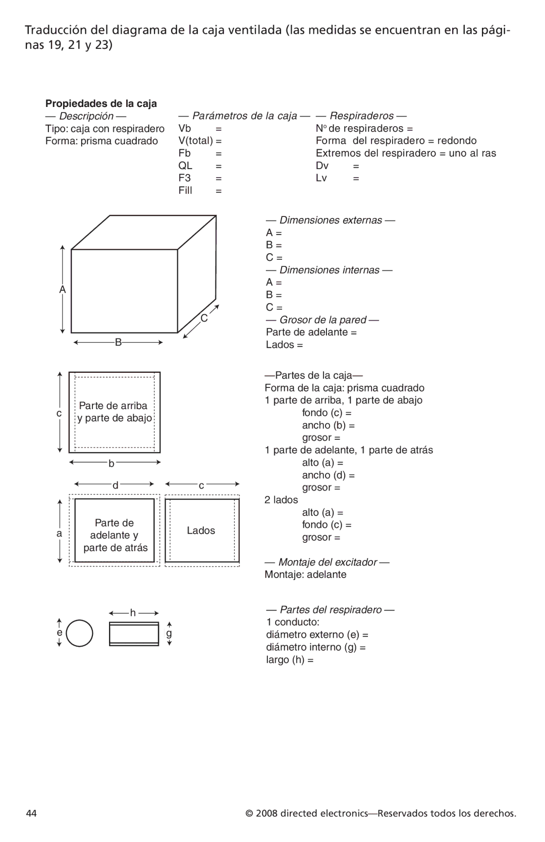 Orion Car Audio XTRPRO124, XTRPRO154, XTRPRO152, XTRPRO102, XTRPRO122, XTRPRO104 owner manual Propiedades de la caja 