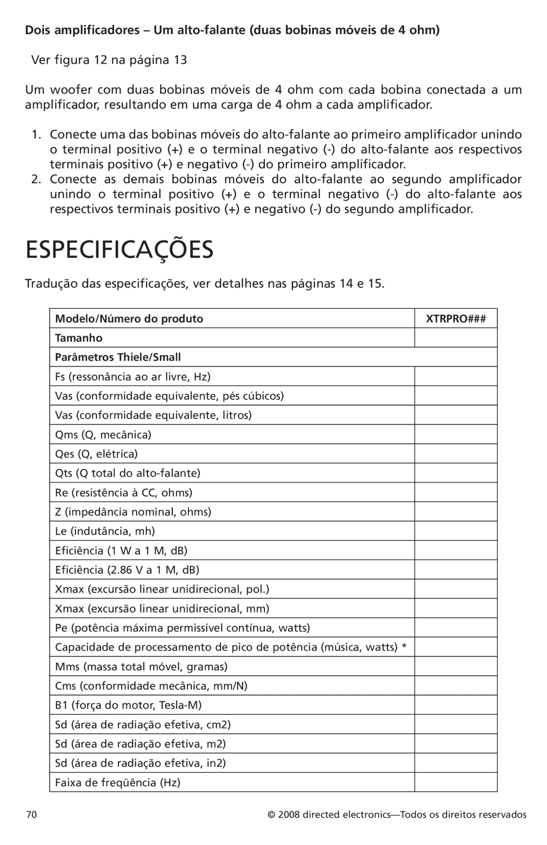 Orion Car Audio XTRPRO122, XTRPRO154, XTRPRO152 Especificações, Tradução das especificações, ver detalhes nas páginas 14 e 