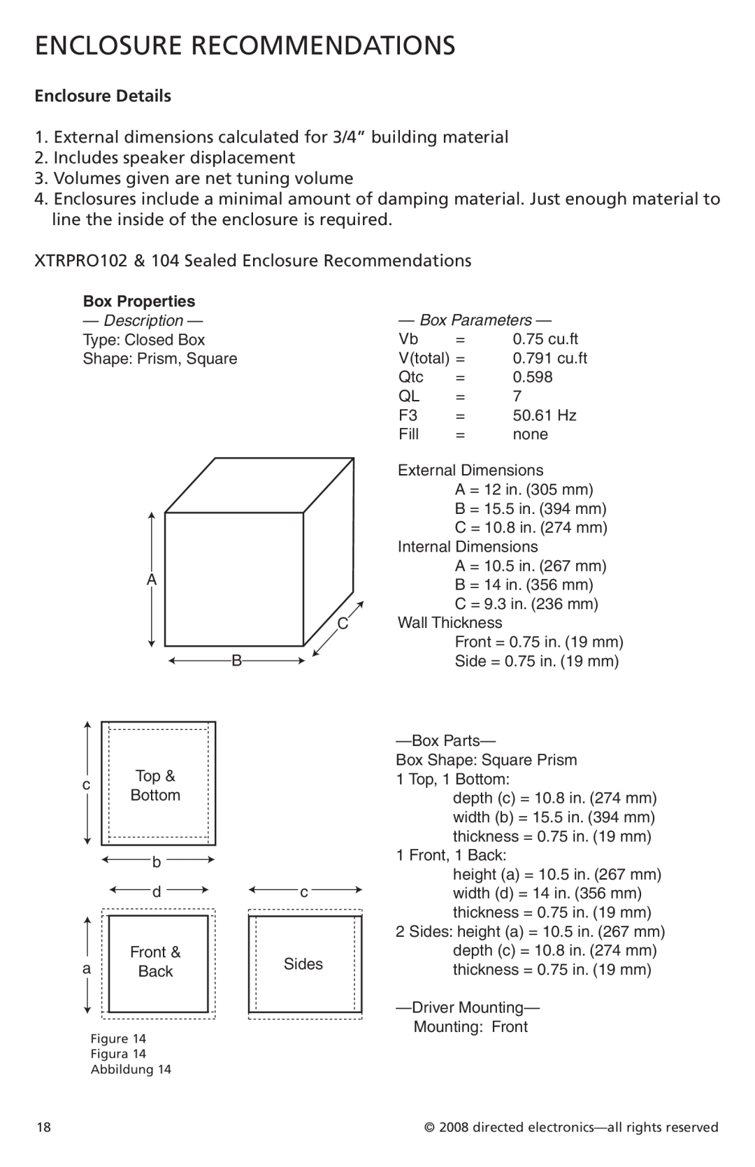 Orion Car Audio XTRPRO152 Enclosure Recommendations, Includes speaker displacement, Volumes given are net tuning volume 