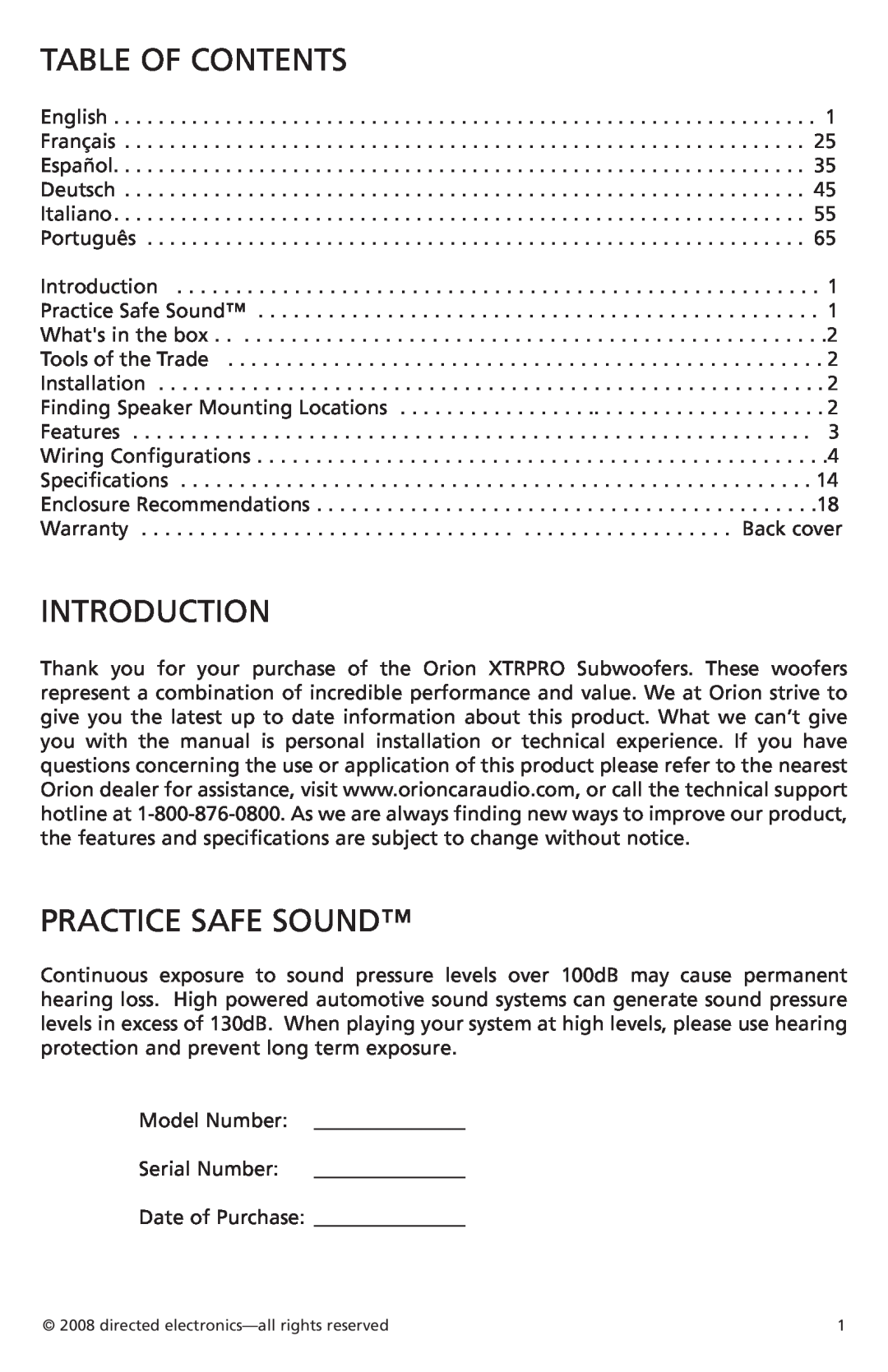 Orion Car Audio XTRPRO124, XTRPRO154, XTRPRO152, XTRPRO102, XTRPRO122 Table Of Contents, Introduction, Practice Safe Sound 