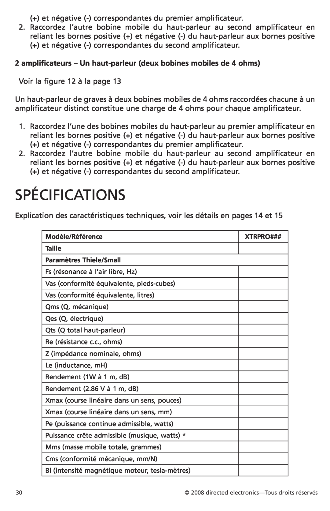 Orion Car Audio XTRPRO154, XTRPRO152, XTRPRO124, XTRPRO102, XTRPRO122, XTRPRO104 owner manual Spécifications 