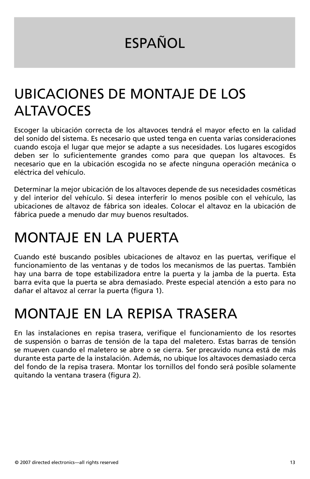 Orion CO500, CO690 Español Ubicaciones DE Montaje DE LOS Altavoces, Montaje EN LA Puerta, Montaje EN LA Repisa Trasera 