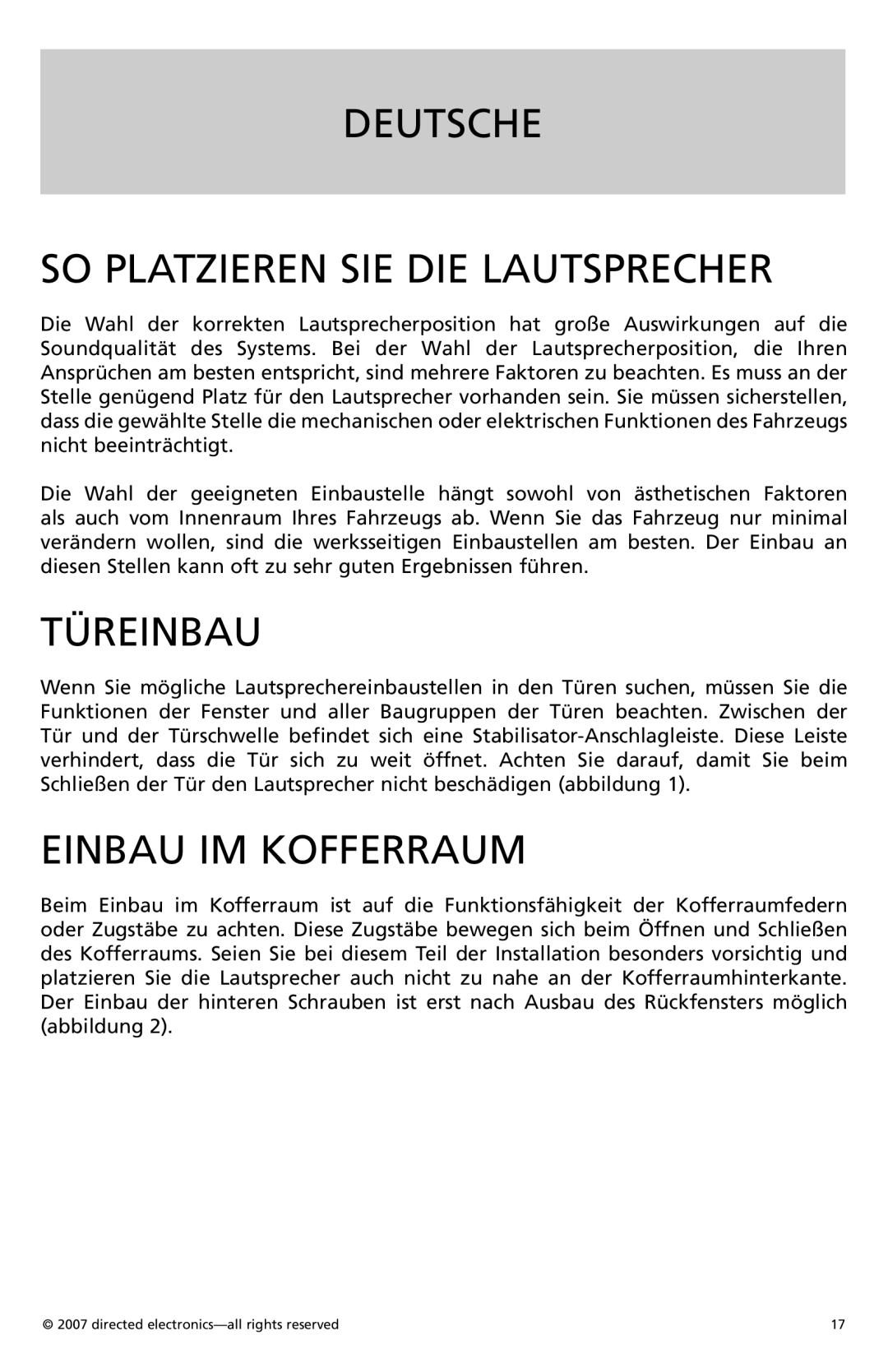 Orion CO570, CO500, CO690, CO650 owner manual Deutsche SO Platzieren SIE DIE Lautsprecher, Türeinbau, Einbau IM Kofferraum 