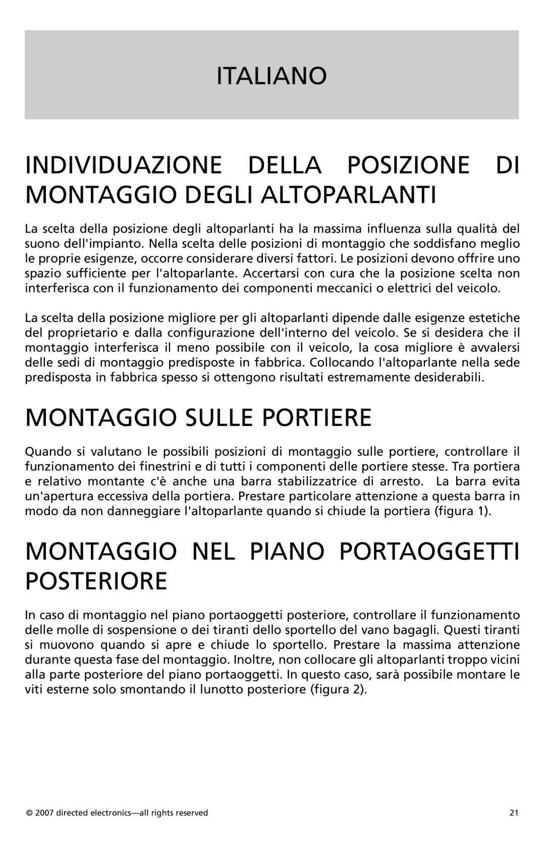 Orion CO650, CO500, CO690, CO570 owner manual Montaggio Sulle Portiere, Montaggio NEL Piano Portaoggetti Posteriore 