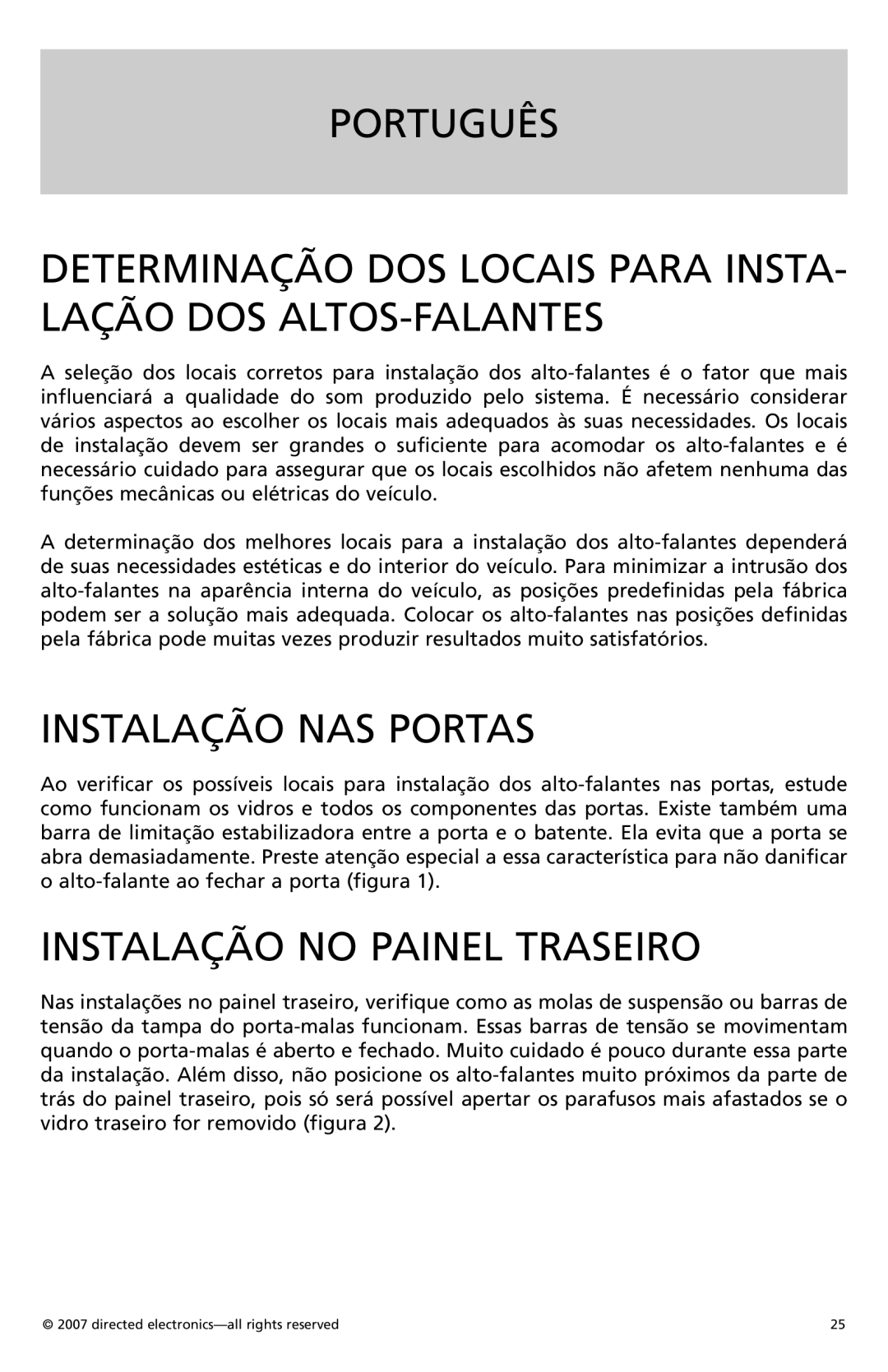 Orion CO690, CO500, CO650, CO570 owner manual Instalação NAS Portas, Instalação no Painel Traseiro 