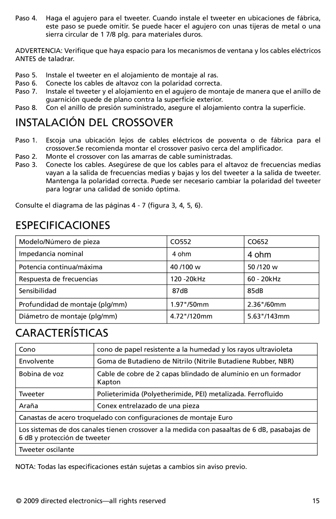 Orion CO552, CO652 owner manual Instalación DEL Crossover, Especificaciones, Características 