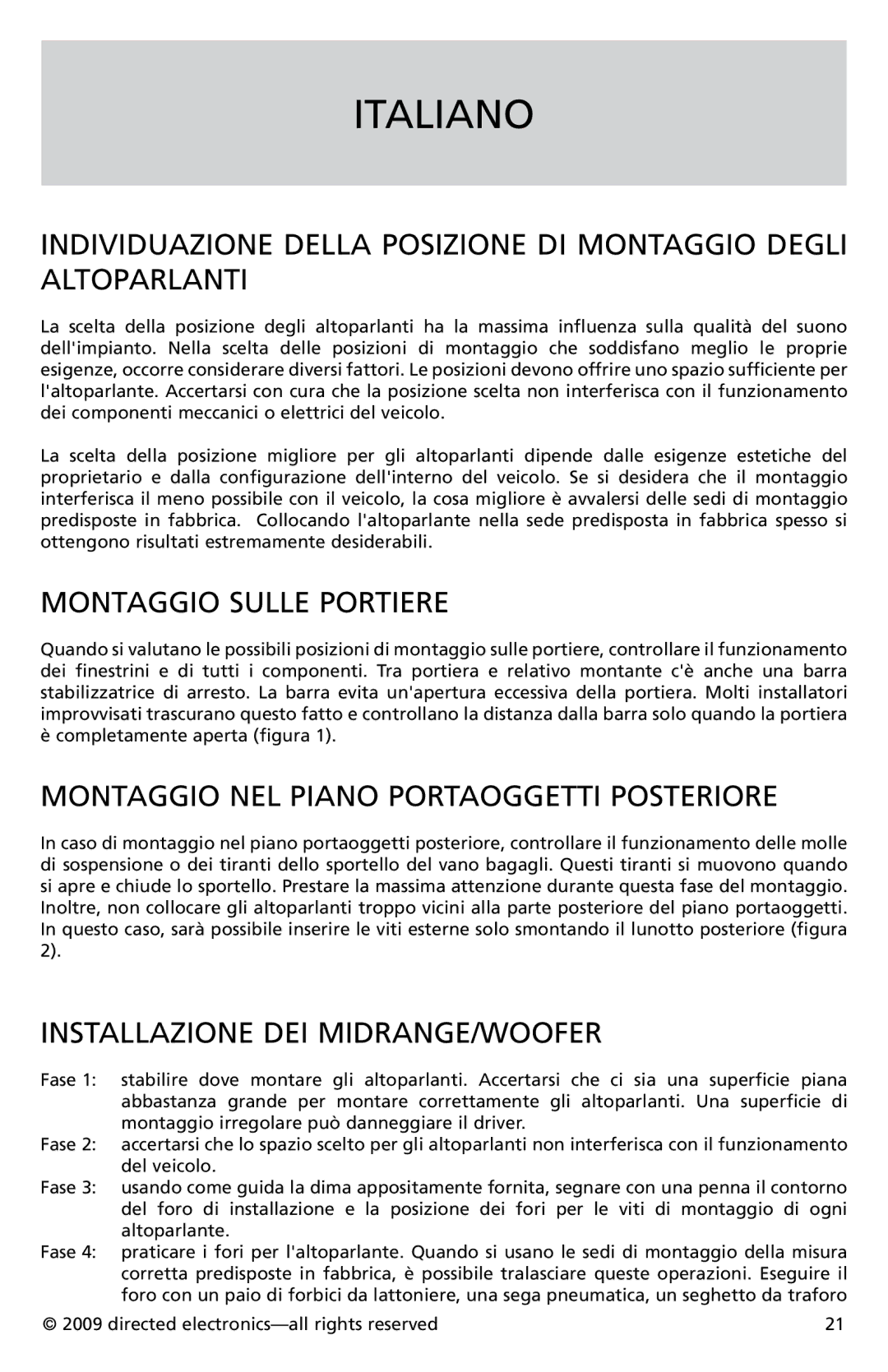 Orion CO552, CO652 owner manual Italiano, Montaggio Sulle Portiere, Montaggio NEL Piano Portaoggetti Posteriore 