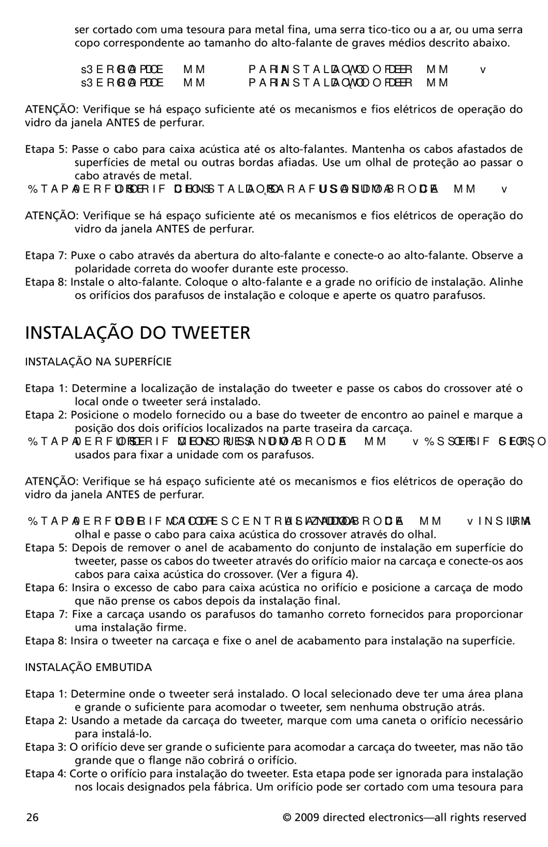 Orion CO652, CO552 owner manual Instalação do tweeter, Instalação NA Superfície, Instalação Embutida 