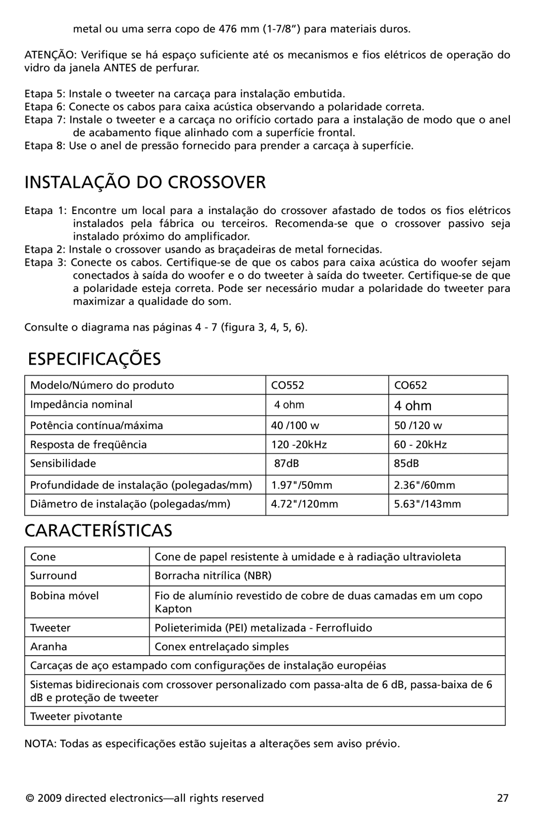 Orion CO552, CO652 owner manual Instalação do Crossover, Especificações 