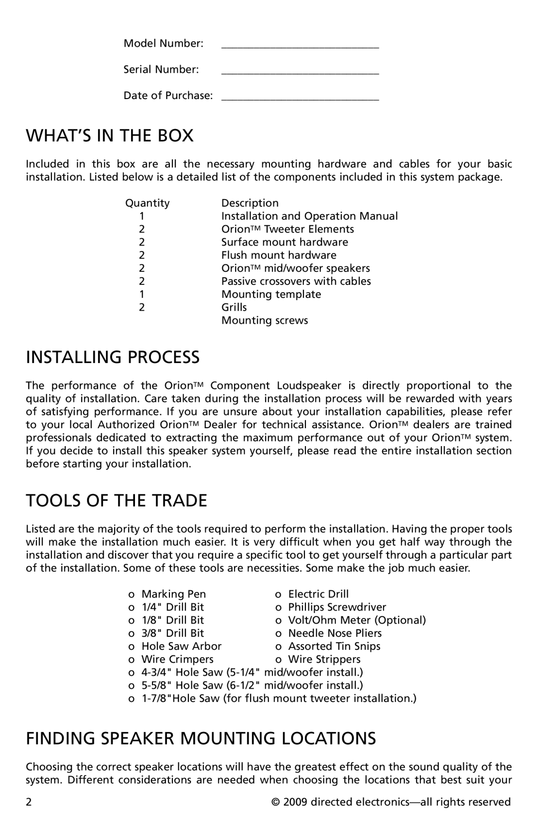 Orion CO652, CO552 What’s in the Box, Installing Process, Tools of the Trade, Finding Speaker Mounting Locations 