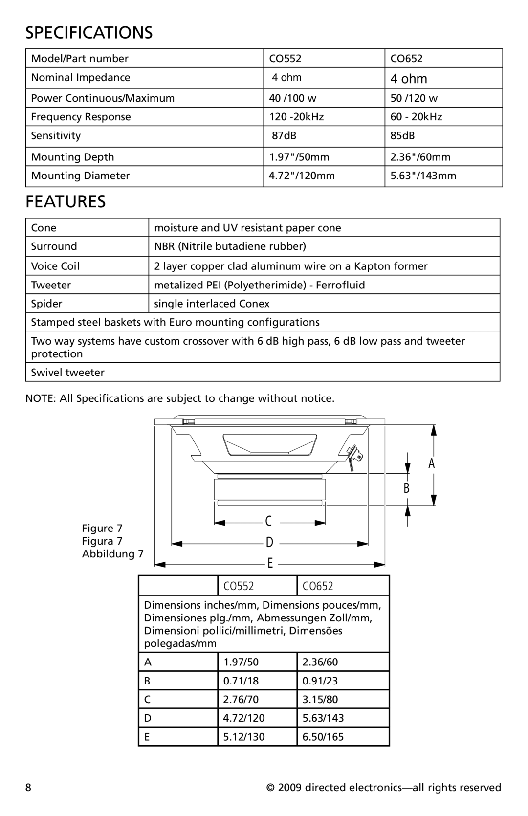 Orion CO652, CO552 owner manual Specifications, Features 