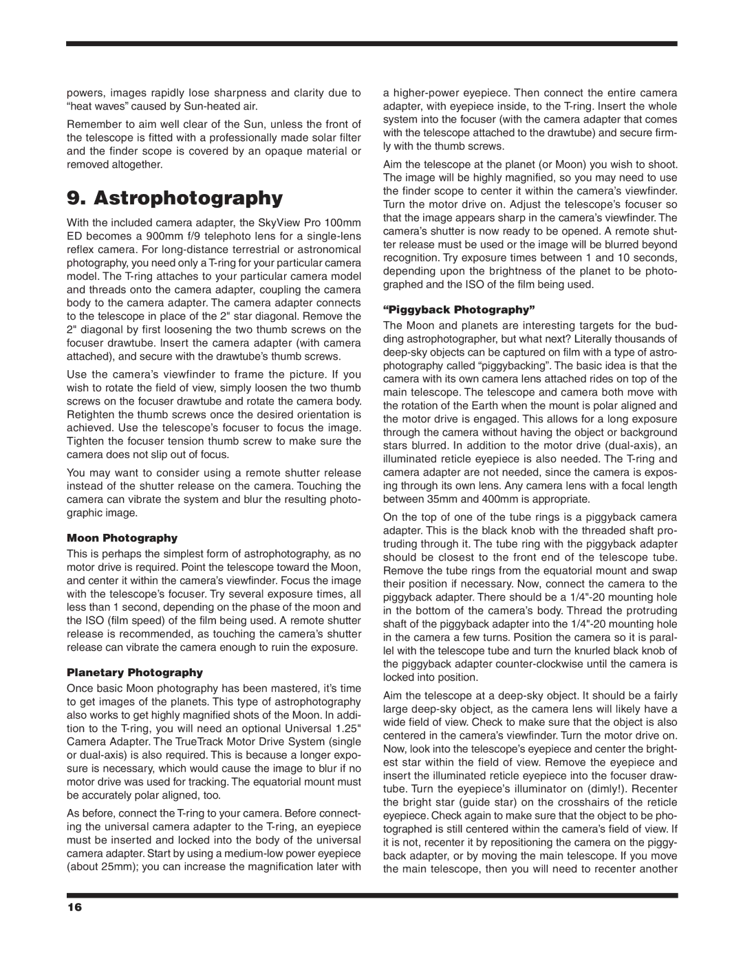 Orion ED EQ instruction manual Astrophotography, Moon Photography, Planetary Photography, Piggyback Photography 