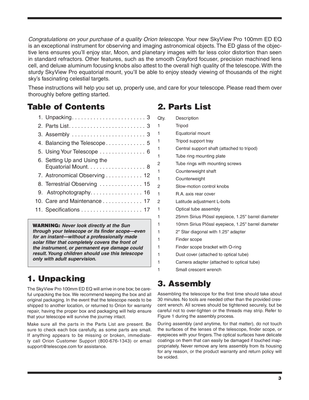 Orion ED EQ instruction manual Table of Contents, Parts List, Unpacking, Assembly 