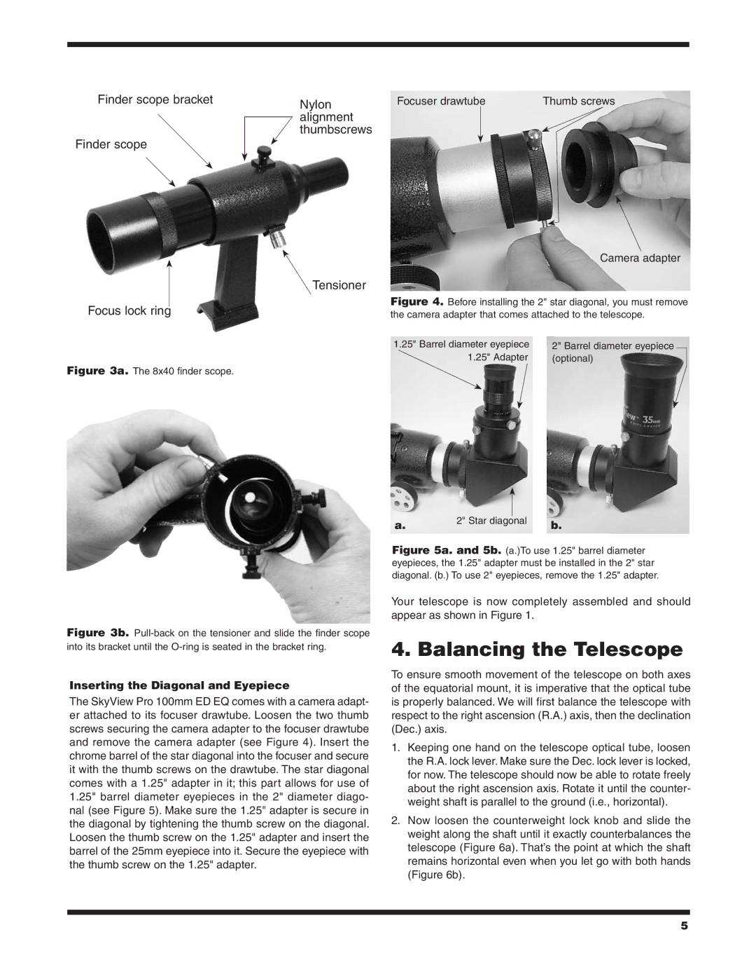 Orion ED EQ instruction manual Balancing the Telescope, Inserting the Diagonal and Eyepiece 