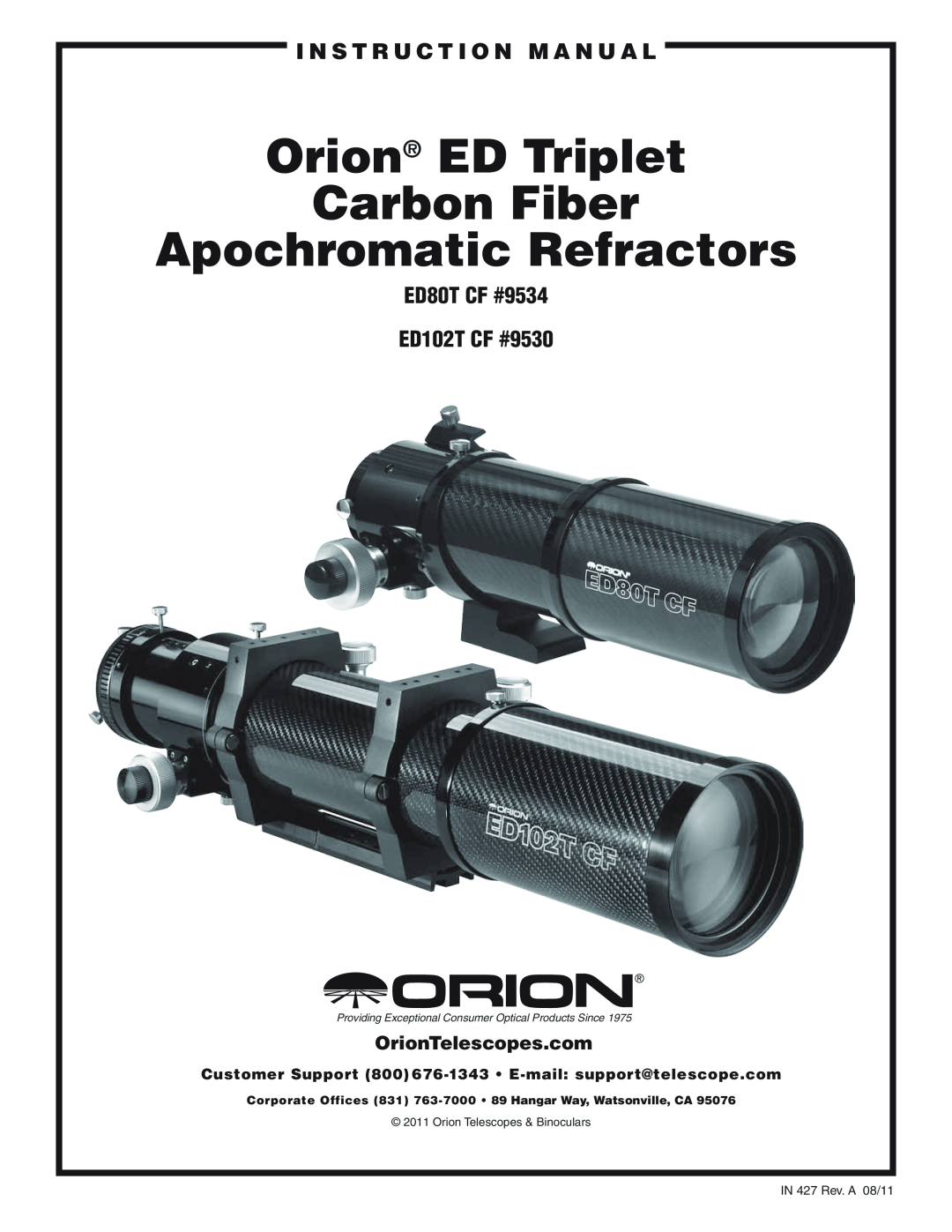 Orion instruction manual i n s t r u c t i o n M a n u a l, ED80T CF #9534 ED102T CF #9530, Apochromatic Refractors 