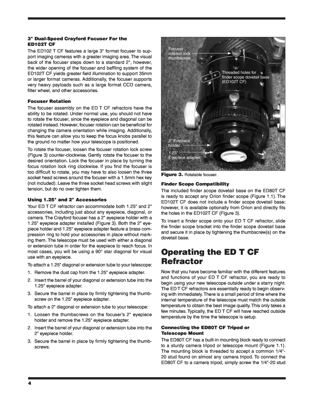 Orion ED80T CF #9534 Operating the ED T CF Refractor, Dual-SpeedCrayford Focuser For the ED102T CF, Focuser Rotation 