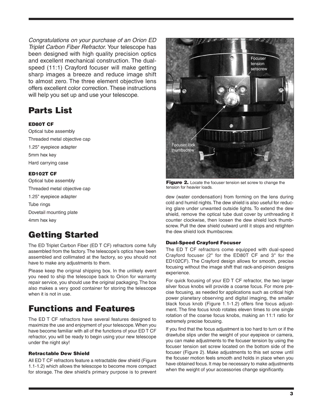 Orion ED102T CF #9530, ED80T CF #9534 Parts List, Getting Started, Functions and Features, Retractable Dew Shield 