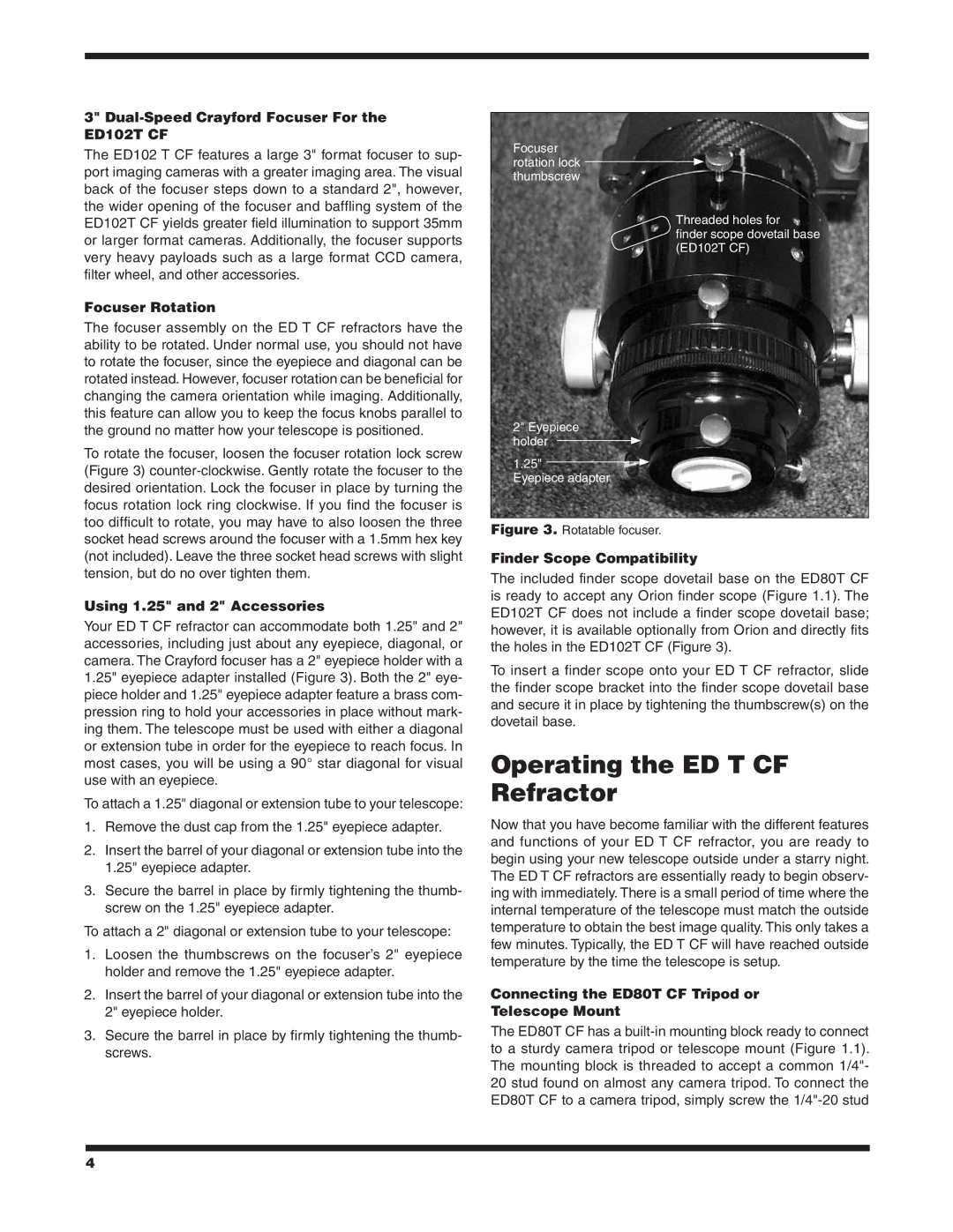 Orion ED80T CF #9534, ED102T CF #9530 instruction manual Operating the ED T CF Refractor 