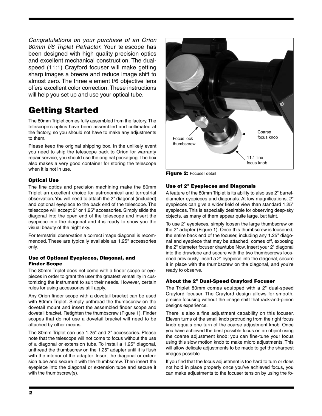 Orion ED80T CF instruction manual Getting Started, Optical Use, Use of Optional Eyepieces, Diagonal, and Finder Scope 