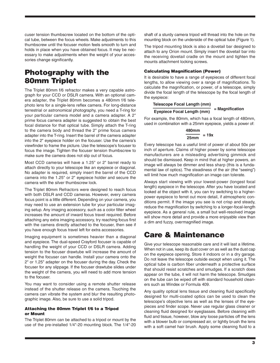 Orion ED80T CF Photography with the 80mm Triplet, Care & Maintenance, Attaching the 80mm Triplet f/6 to a Tripod or Mount 