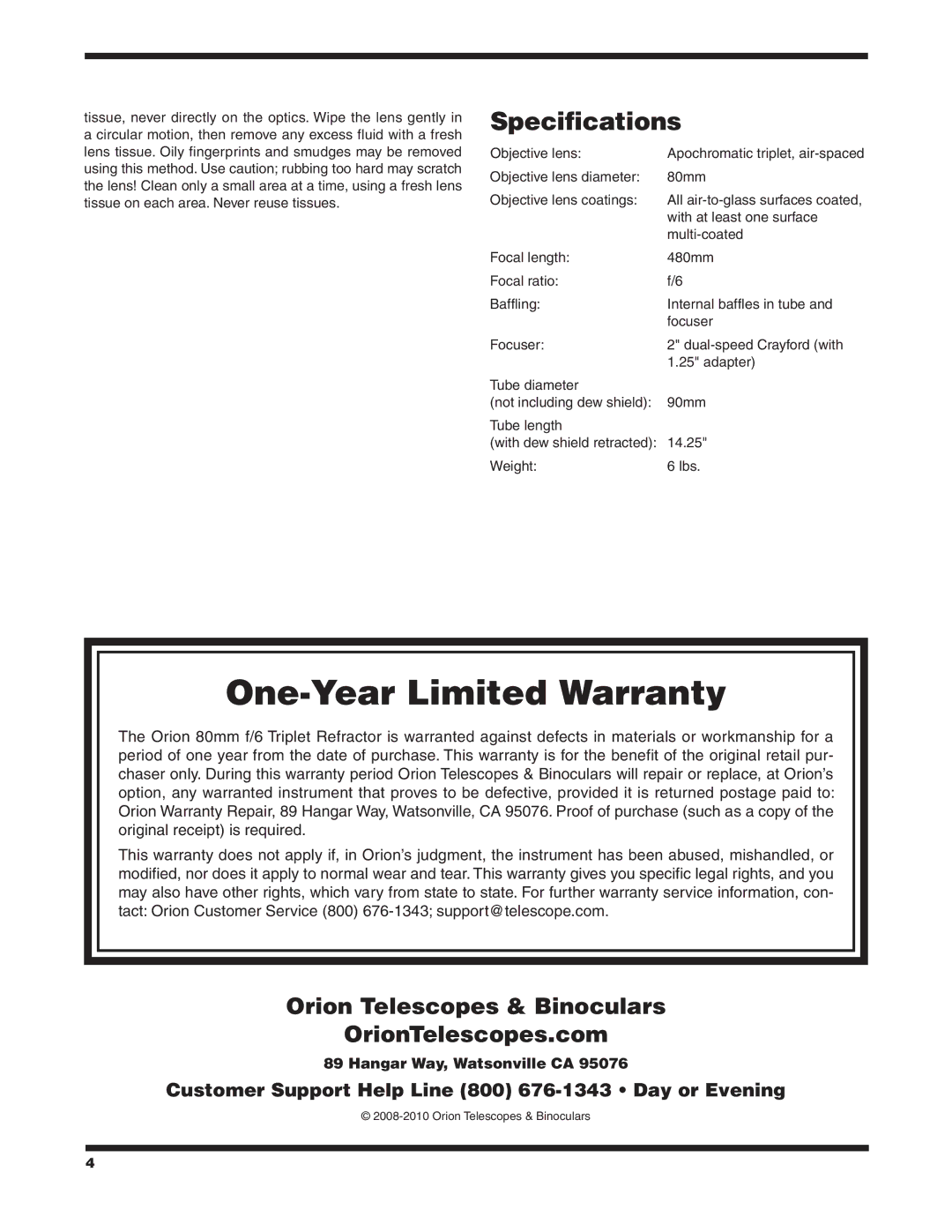 Orion ED80T CF instruction manual Specifications, Orion Telescopes & Binoculars OrionTelescopes.com 