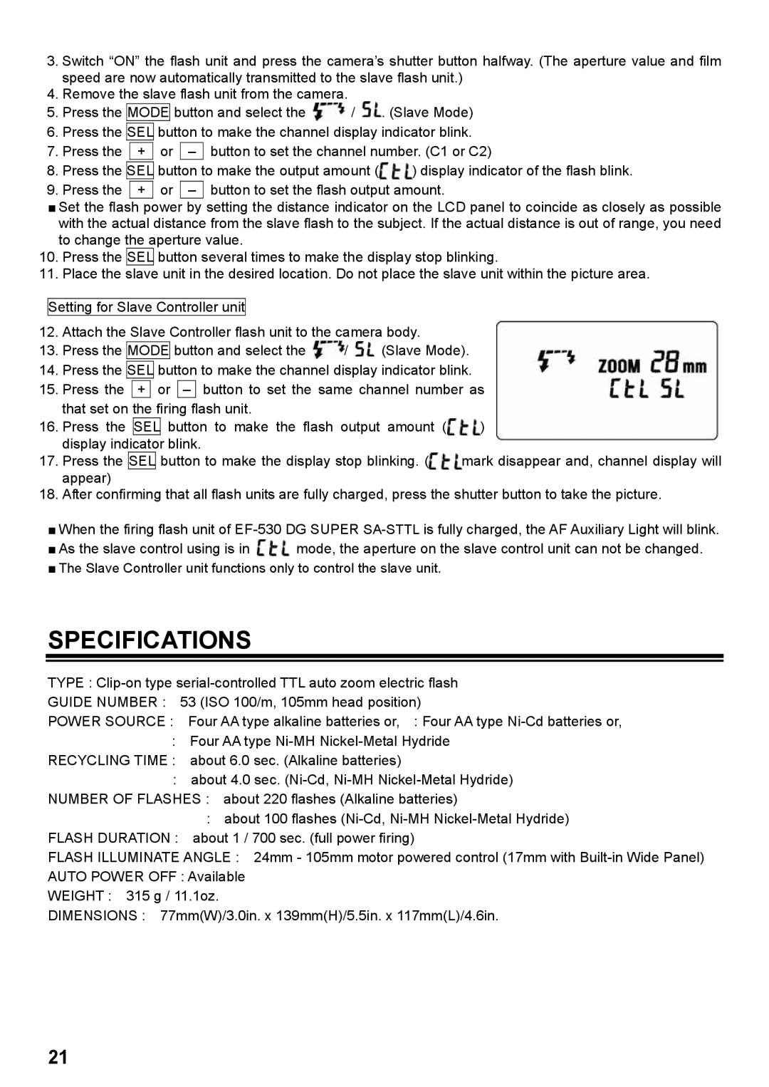 Orion EF-530 instruction manual Specifications 