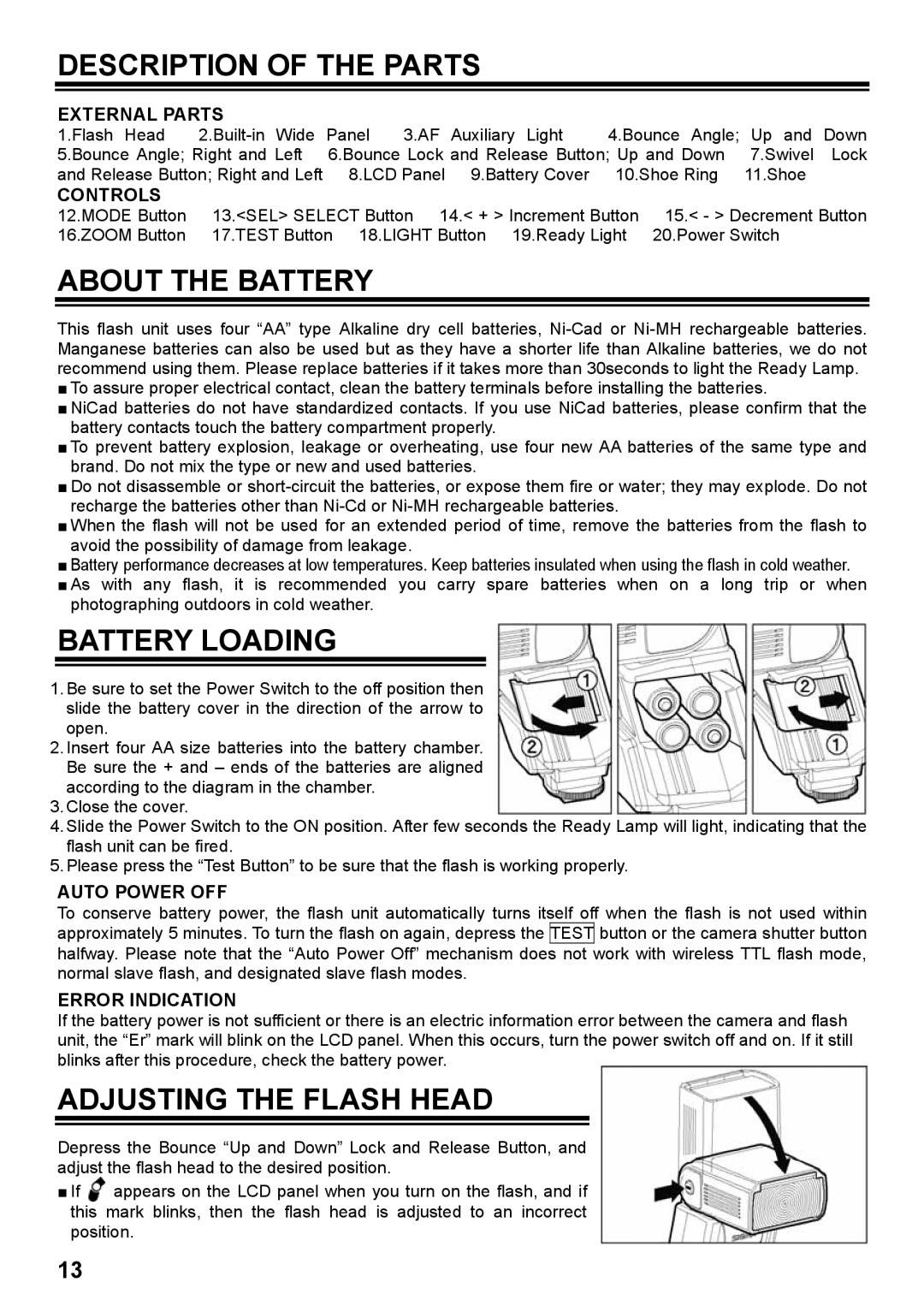 Orion EF-530 instruction manual Description of the Parts, About the Battery, Battery Loading, Adjusting the Flash Head 