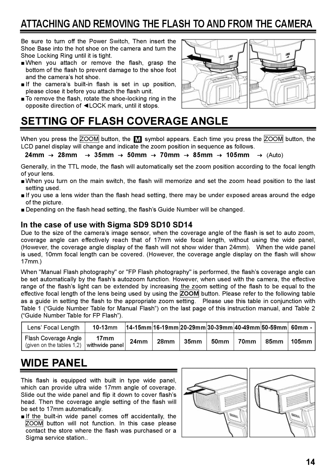 Orion EF-530 instruction manual Setting of Flash Coverage Angle, Wide Panel 