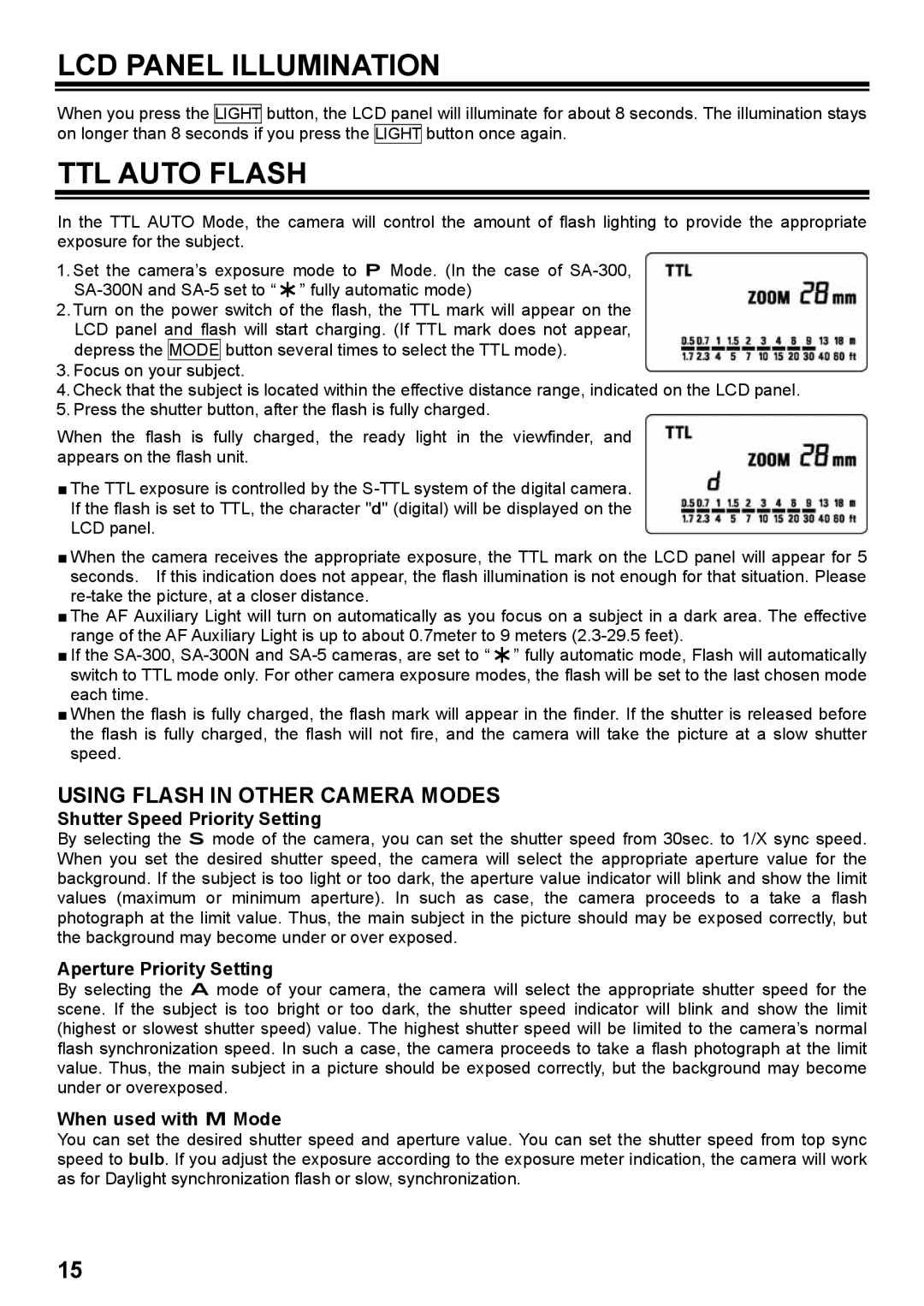 Orion EF-530 instruction manual LCD Panel Illumination, TTL Auto Flash 