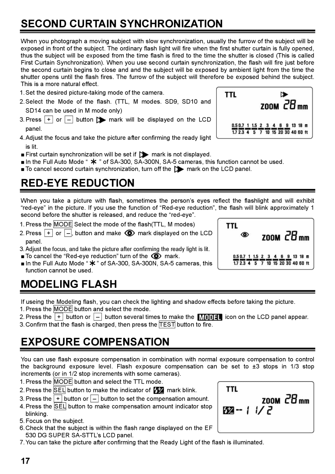 Orion EF-530 instruction manual Second Curtain Synchronization, RED-EYE Reduction, Modeling Flash, Exposure Compensation 