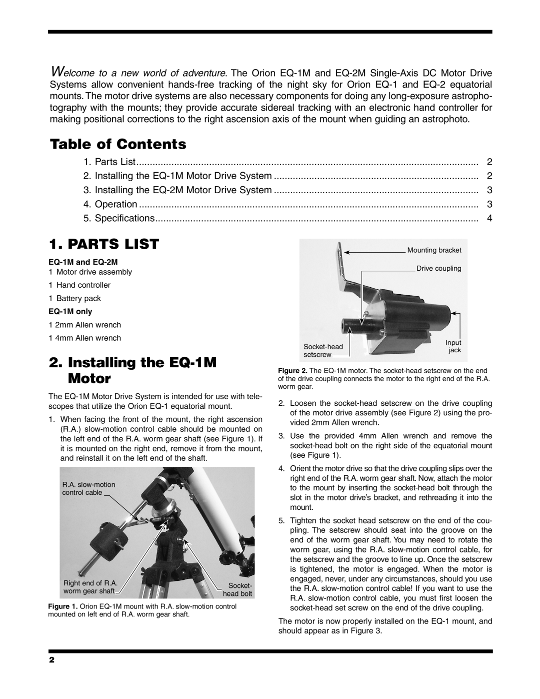 Orion Table of Contents, Parts List, Installing the EQ-1M, Motor, EQ-1M and EQ-2M, EQ-1M only, Operation 