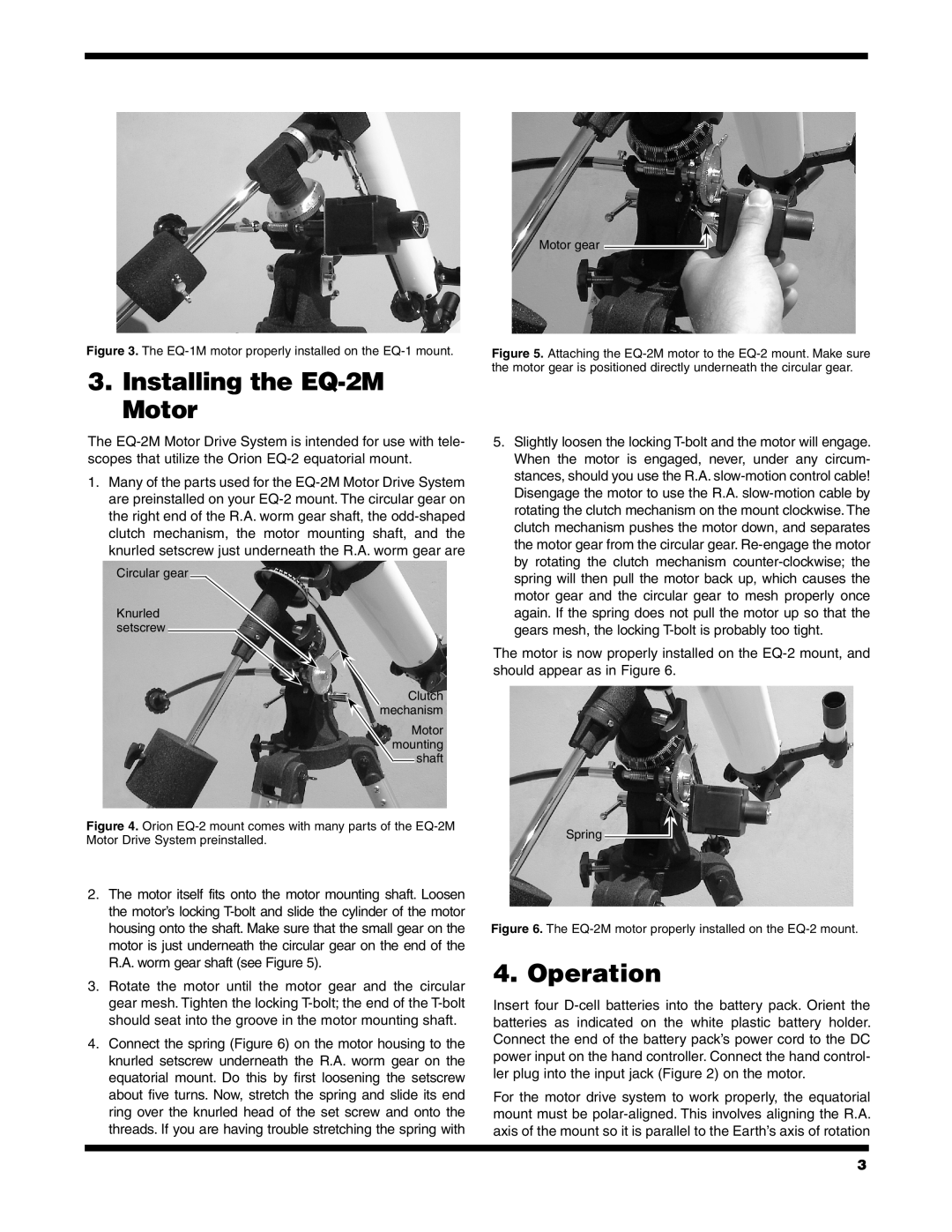 Orion EQ-1M instruction manual Installing the EQ-2M Motor, Operation 