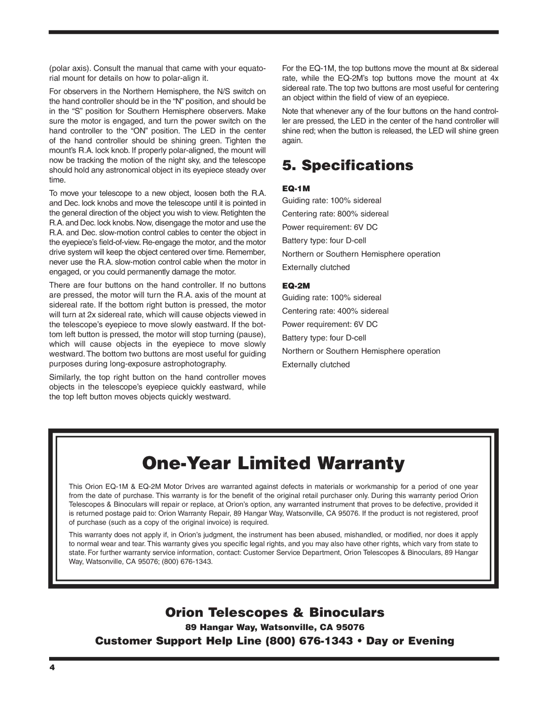 Orion EQ-1M, EQ-2M instruction manual Specifications 