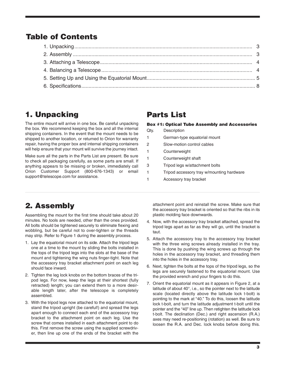 Orion EQ-2 instruction manual Table of Contents, Unpacking, Parts List, Assembly 