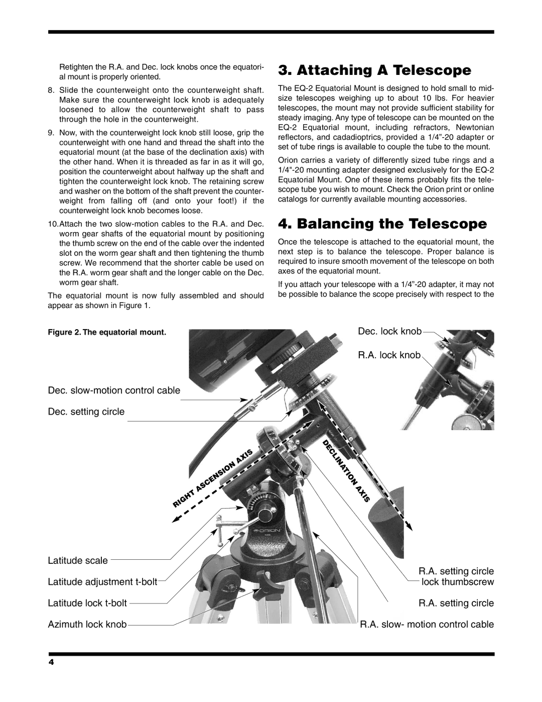 Orion EQ-2 instruction manual Attaching a Telescope, Balancing the Telescope 