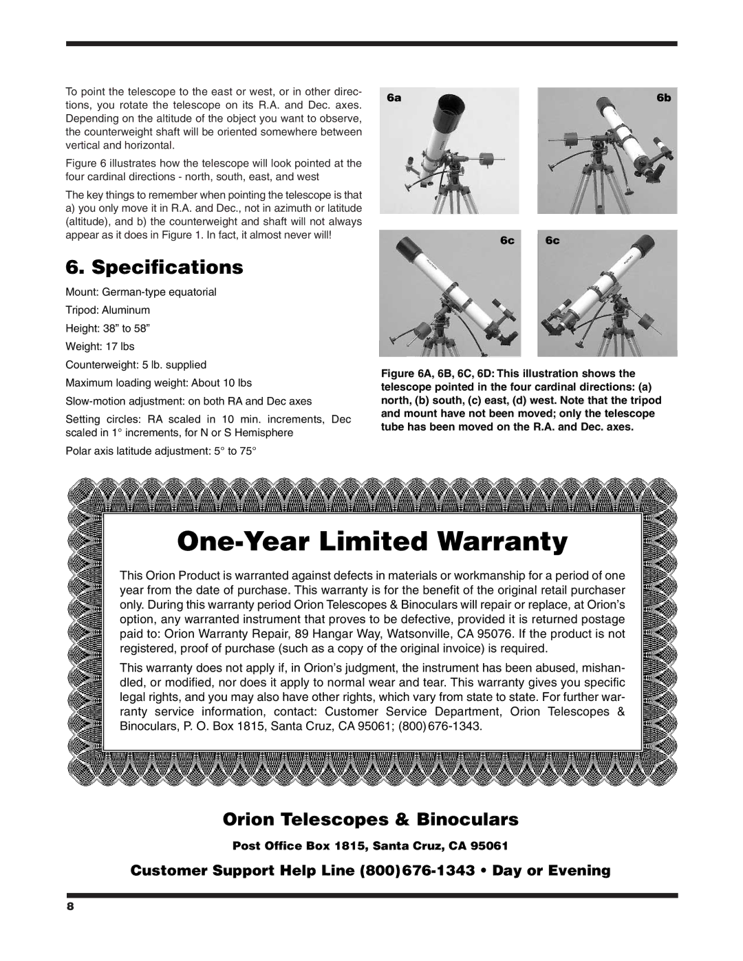 Orion EQ-2 instruction manual Specifications, 6c 6c 