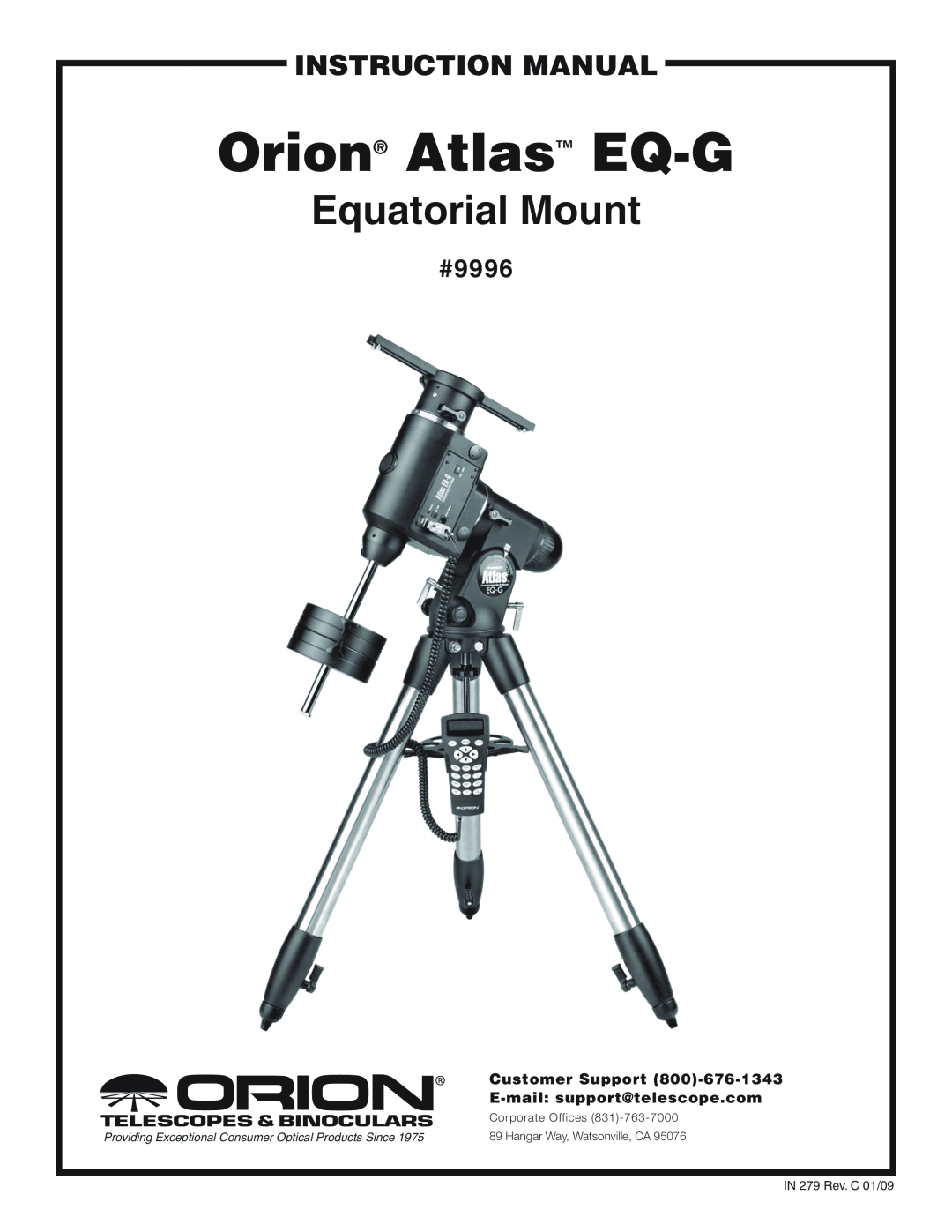 Orion instruction manual #9996, Customer Support 800‑676-1343, E-mail support@telescope.com, Orion Atlas EQ-G 