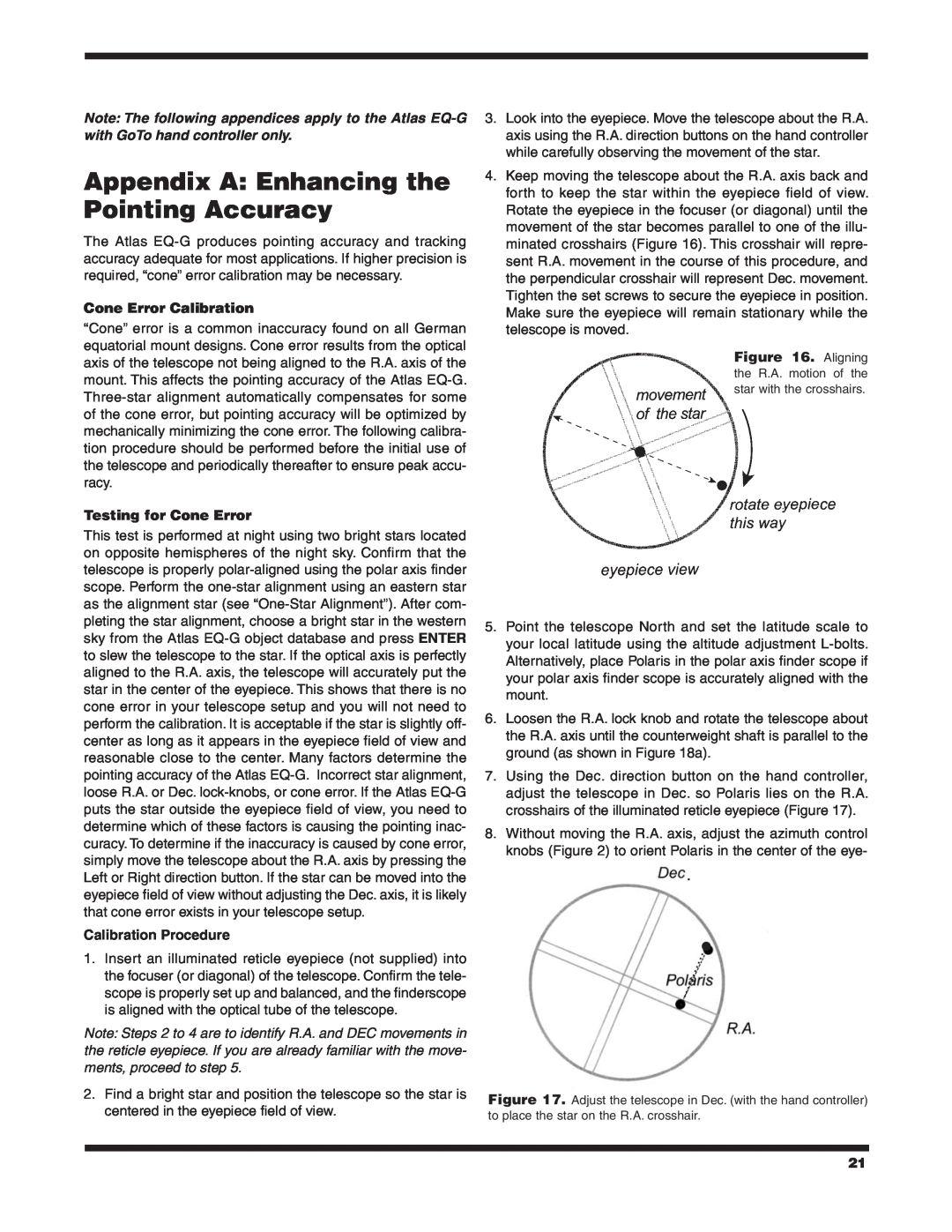 Orion EQ-G instruction manual Appendix A Enhancing the Pointing Accuracy, Cone Error Calibration, Testing for Cone Error 