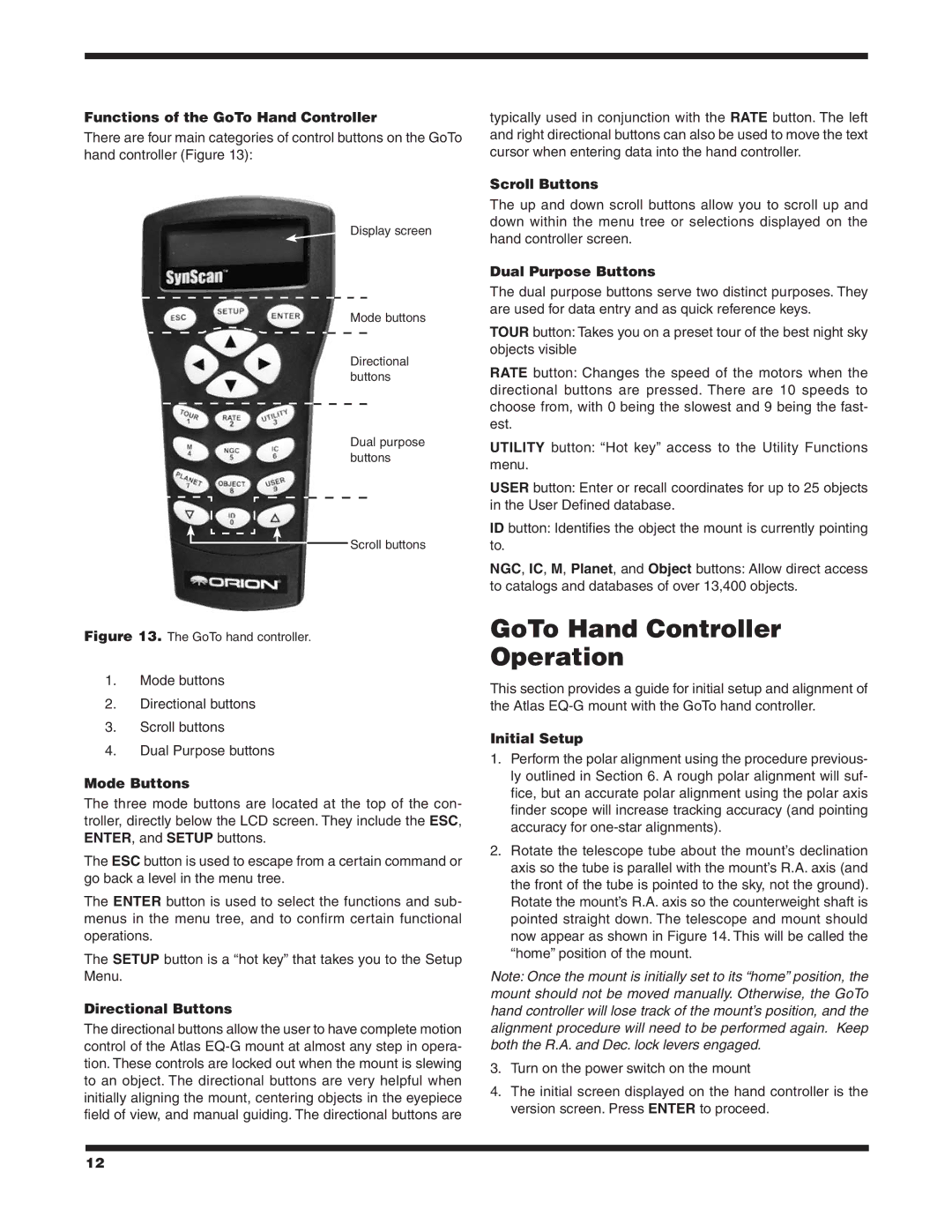 Orion EQ-G instruction manual GoTo Hand Controller Operation 