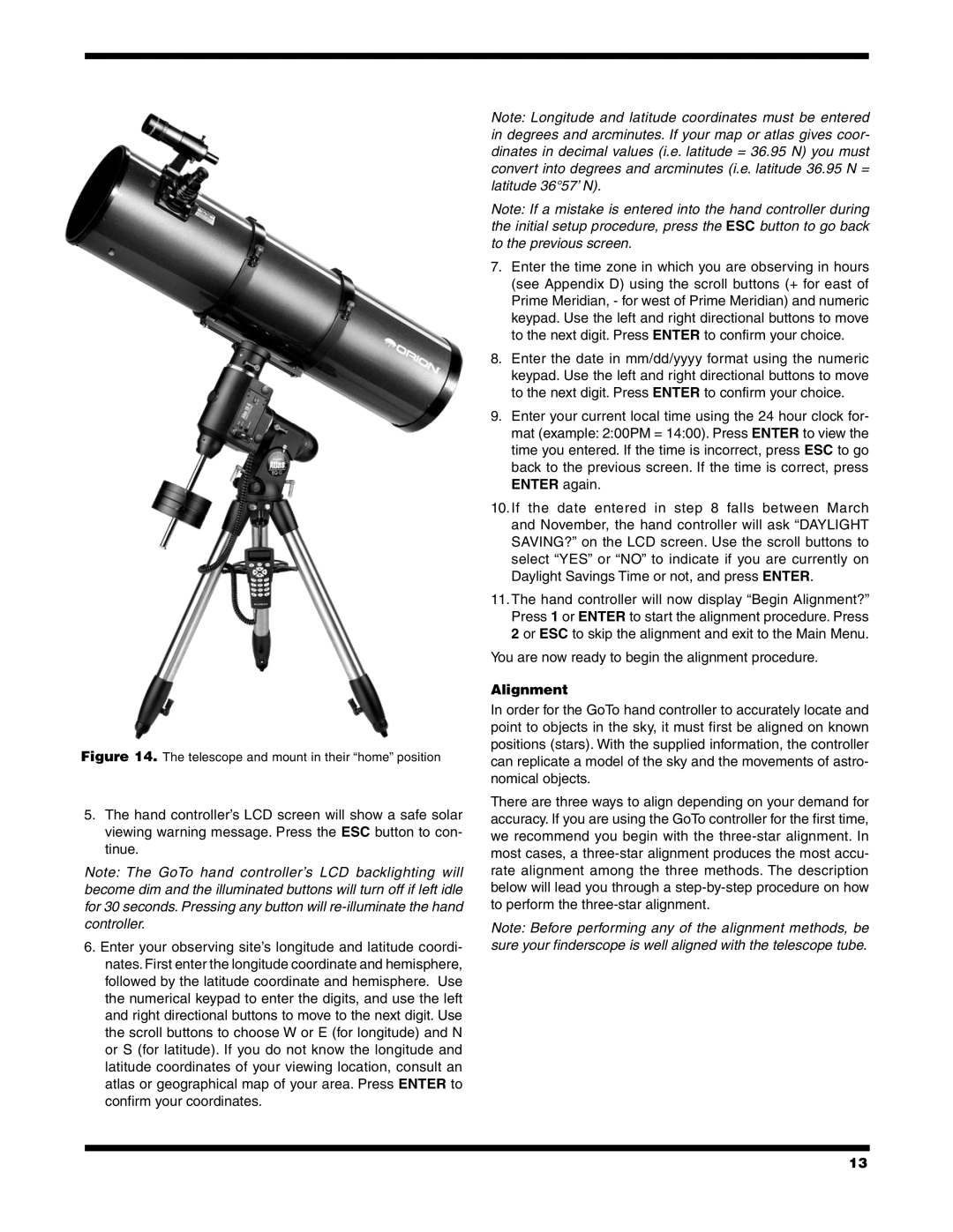 Orion EQ-G instruction manual Alignment, Telescope and mount in their home position 