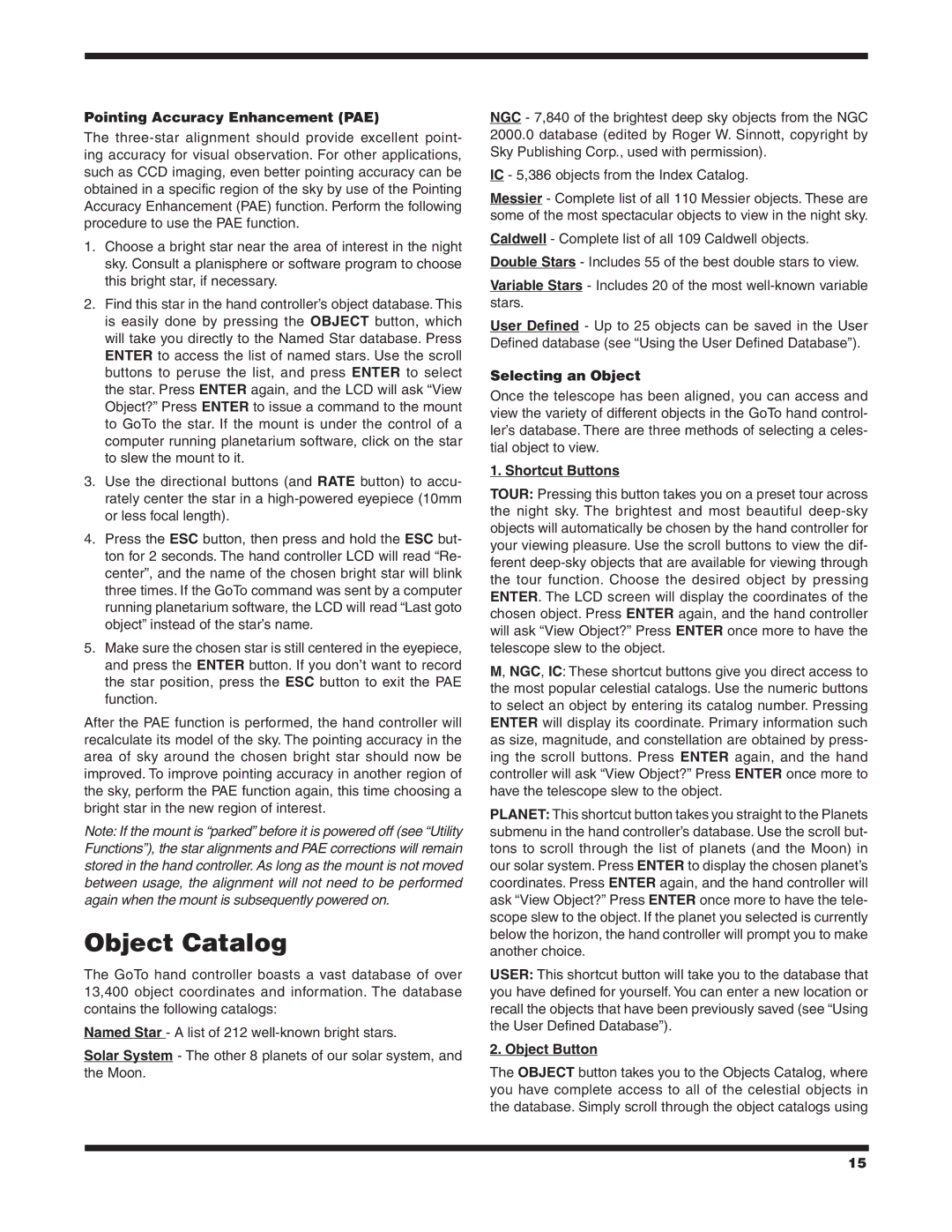 Orion EQ-G Object Catalog, Pointing Accuracy Enhancement PAE, Selecting an Object, Shortcut Buttons, Object Button 