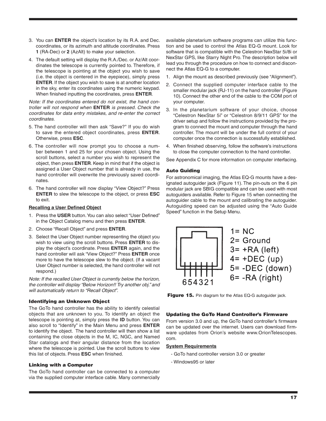 Orion EQ-G Recalling a User Defined Object, Identifying an Unknown Object, Linking with a Computer, Auto Guiding 