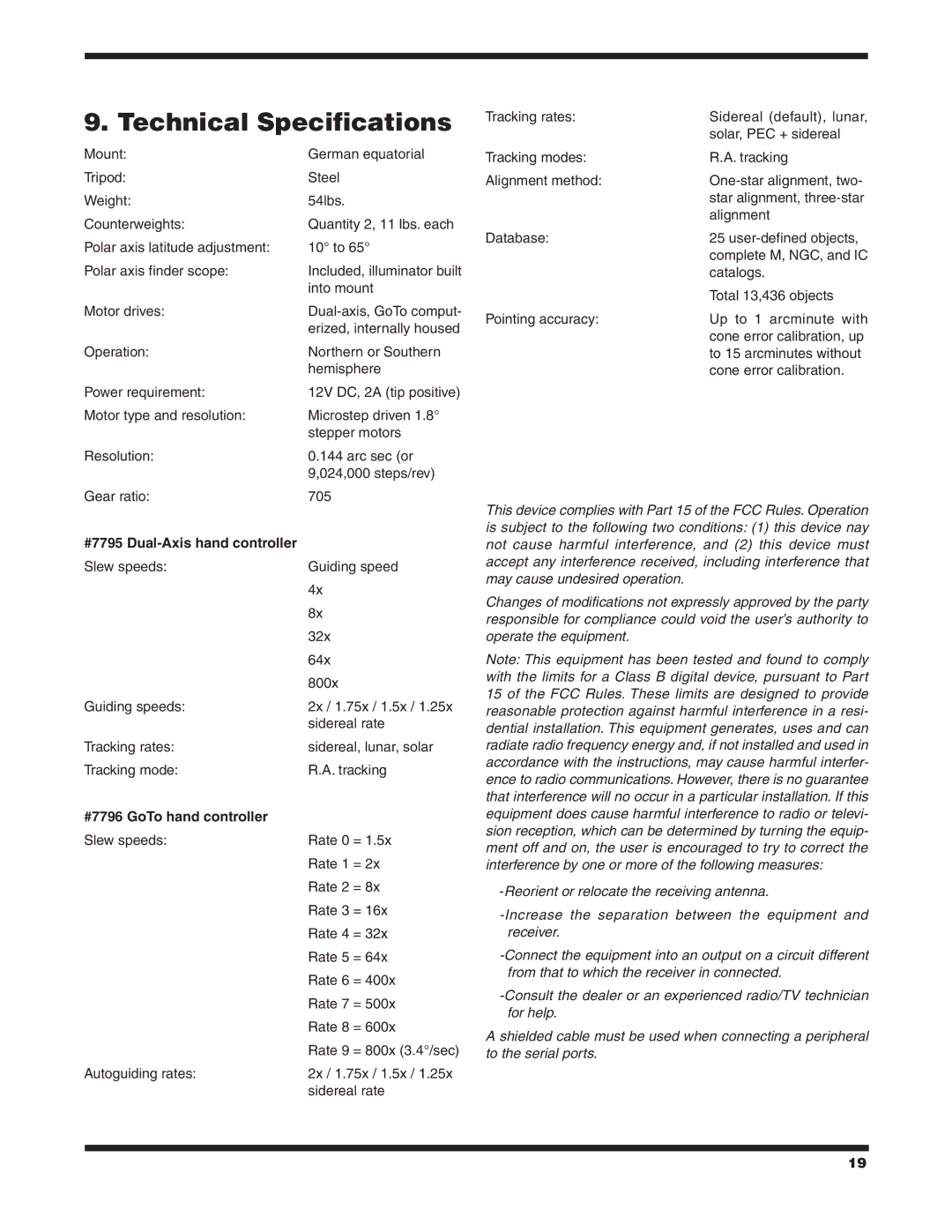 Orion EQ-G instruction manual Technical Specifications, #7795 Dual-Axis hand controller, #7796 GoTo hand controller 