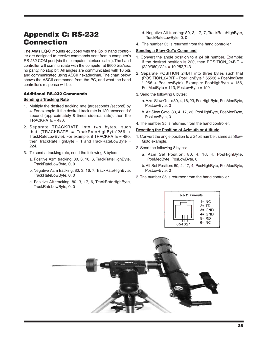 Orion EQ-G Appendix C RS-232 Connection, Additional RS-232 Commands Sending a Tracking Rate, Sending a Slow-GoTo Command 