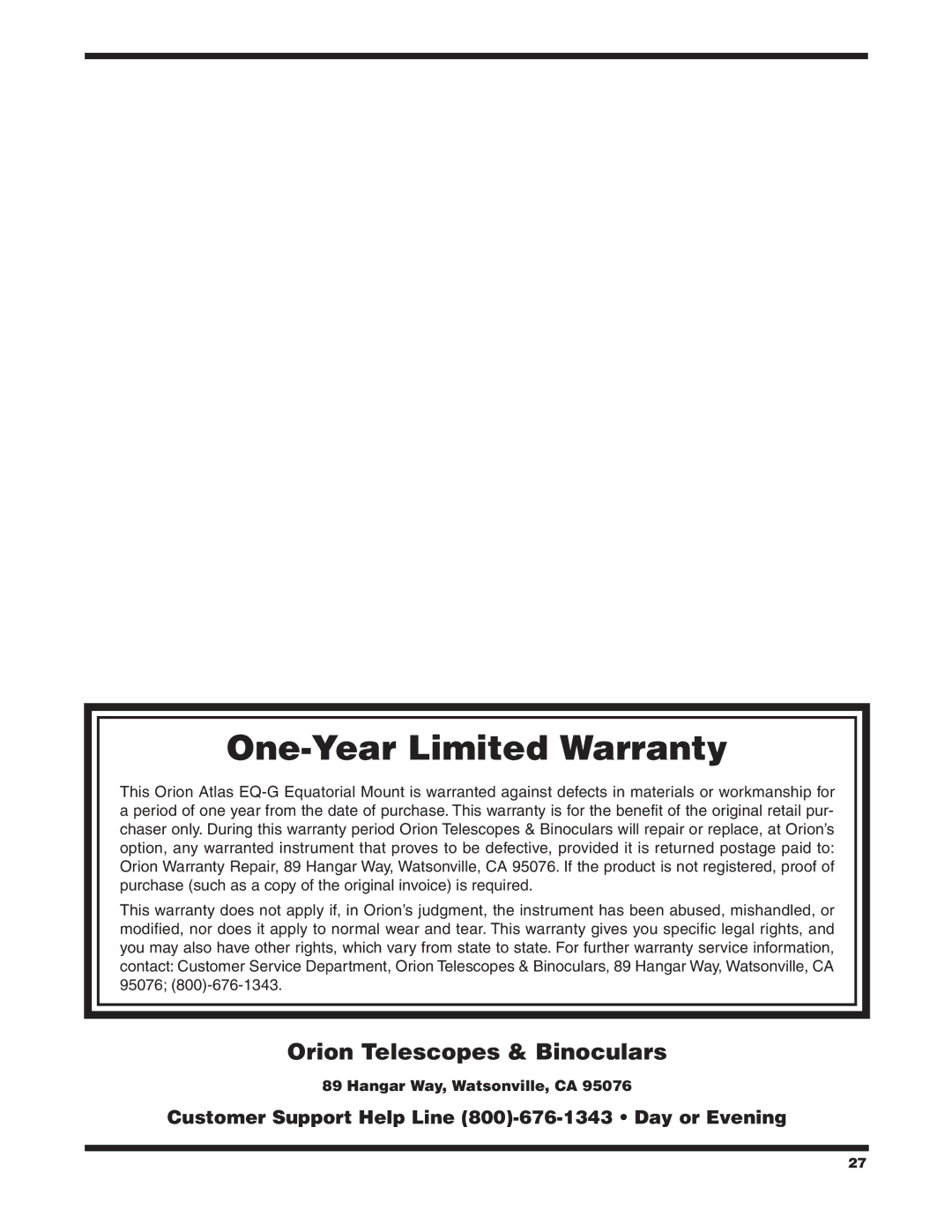 Orion EQ-G instruction manual One-Year Limited Warranty 