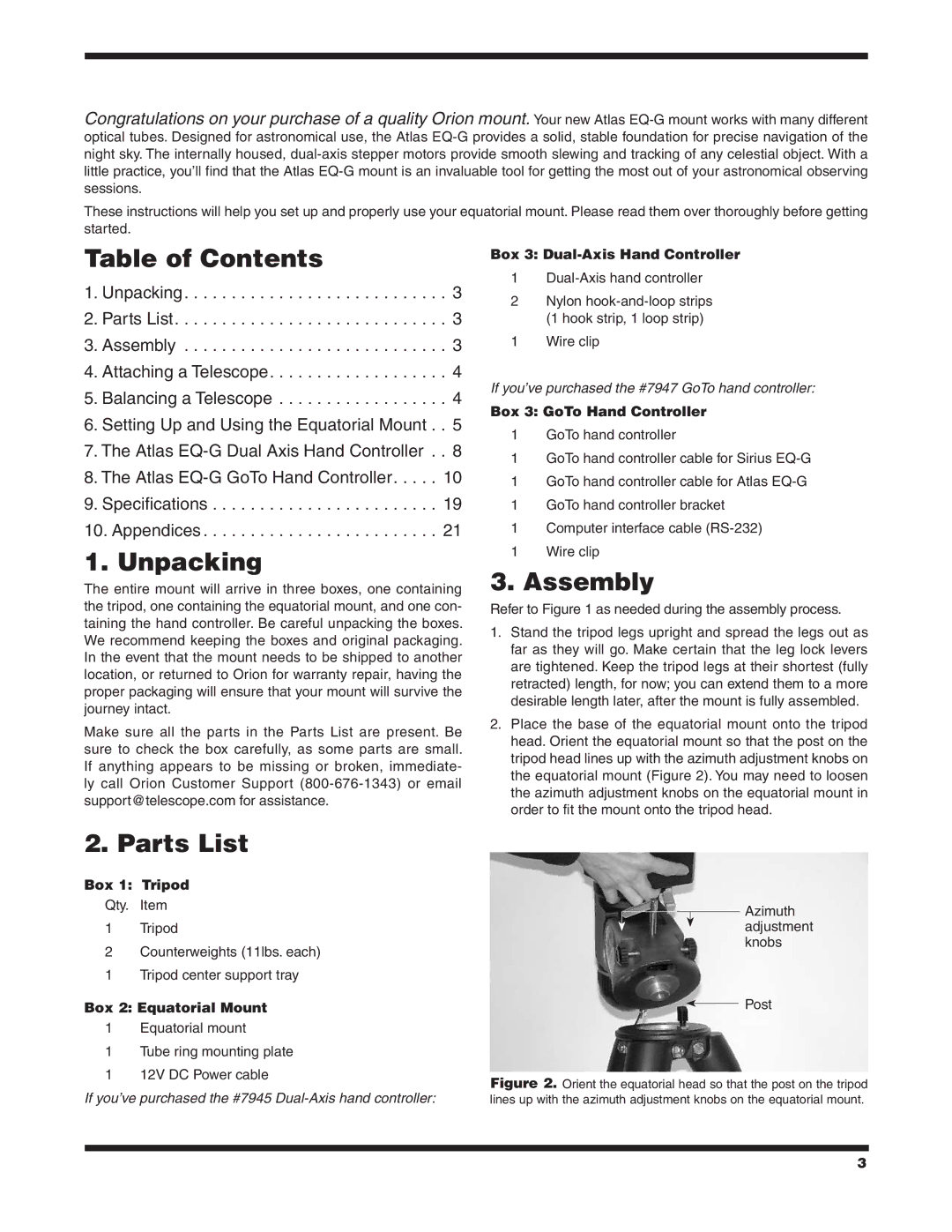 Orion EQ-G instruction manual Table of Contents, Unpacking, Assembly, Parts List 