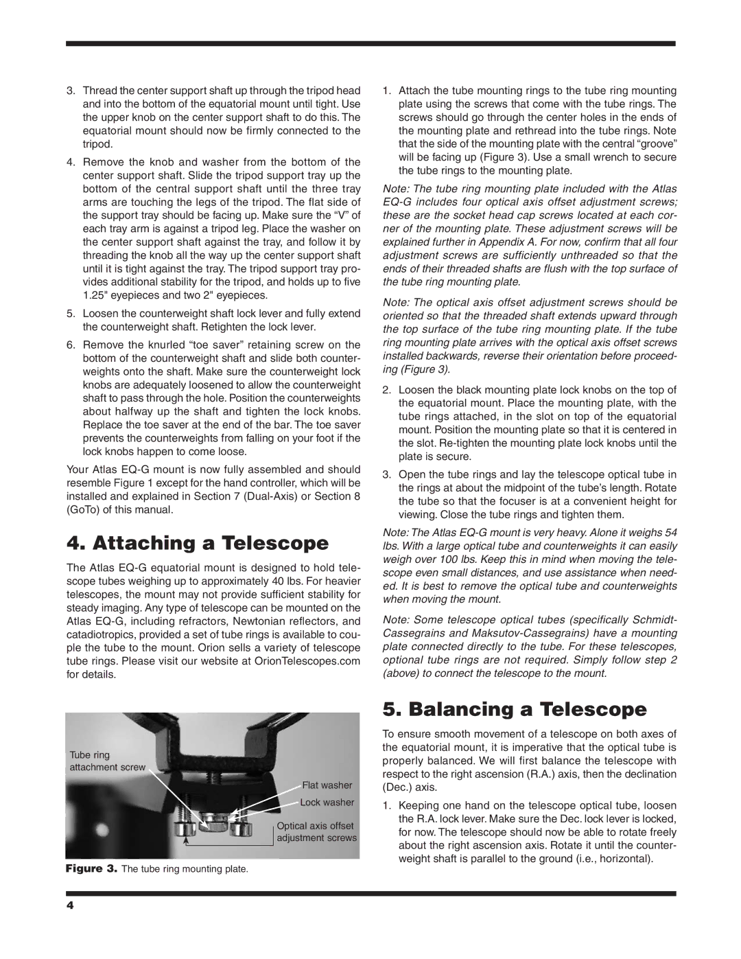 Orion EQ-G instruction manual Attaching a Telescope, Balancing a Telescope 