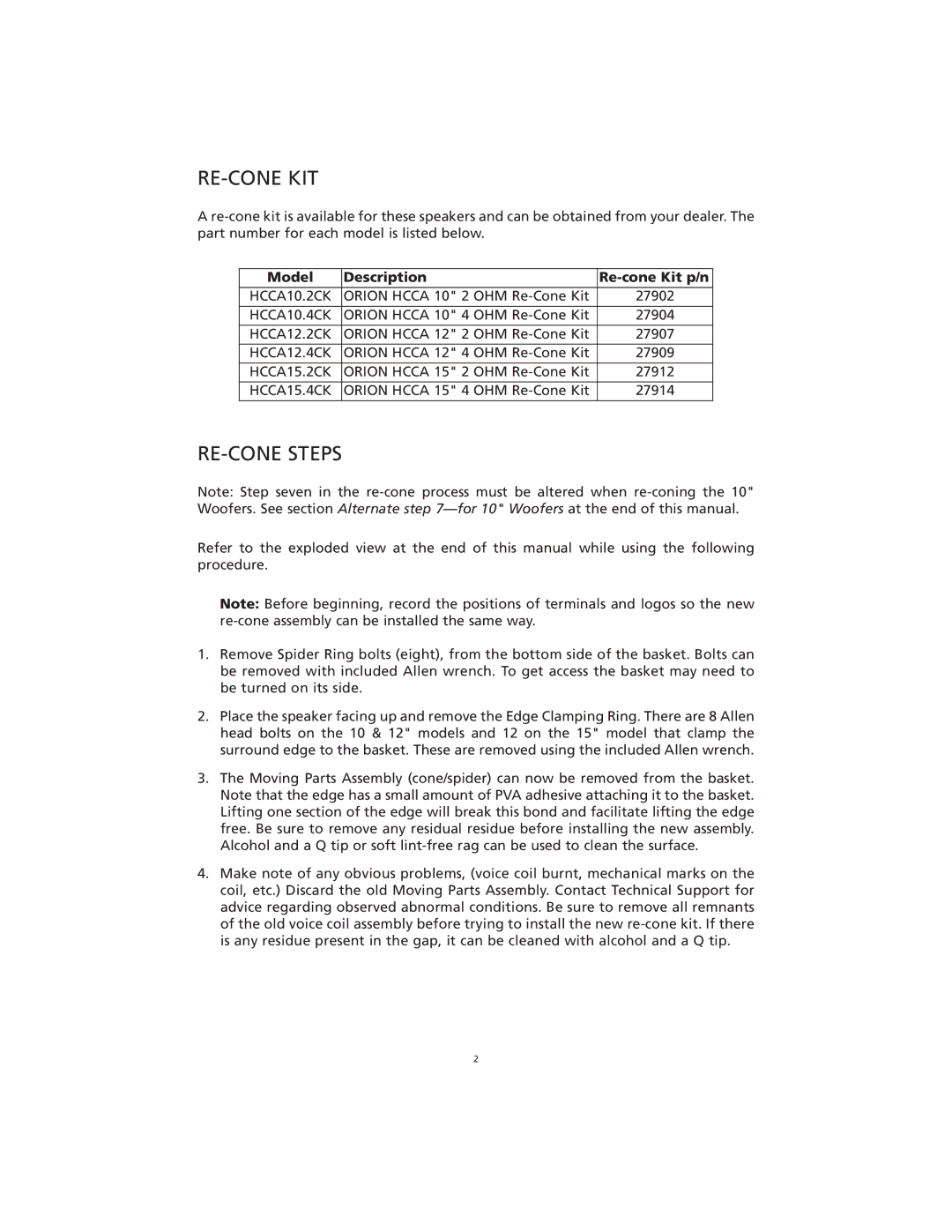 Orion G27902 manual Re-Cone Kit, RE-CONE Steps 