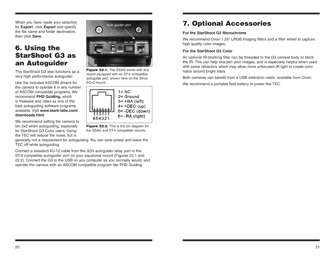 Orion instruction manual Using the StarShoot G3 as an Autoguider, Optional Accessories, For the StarShoot G3 Monochrome 