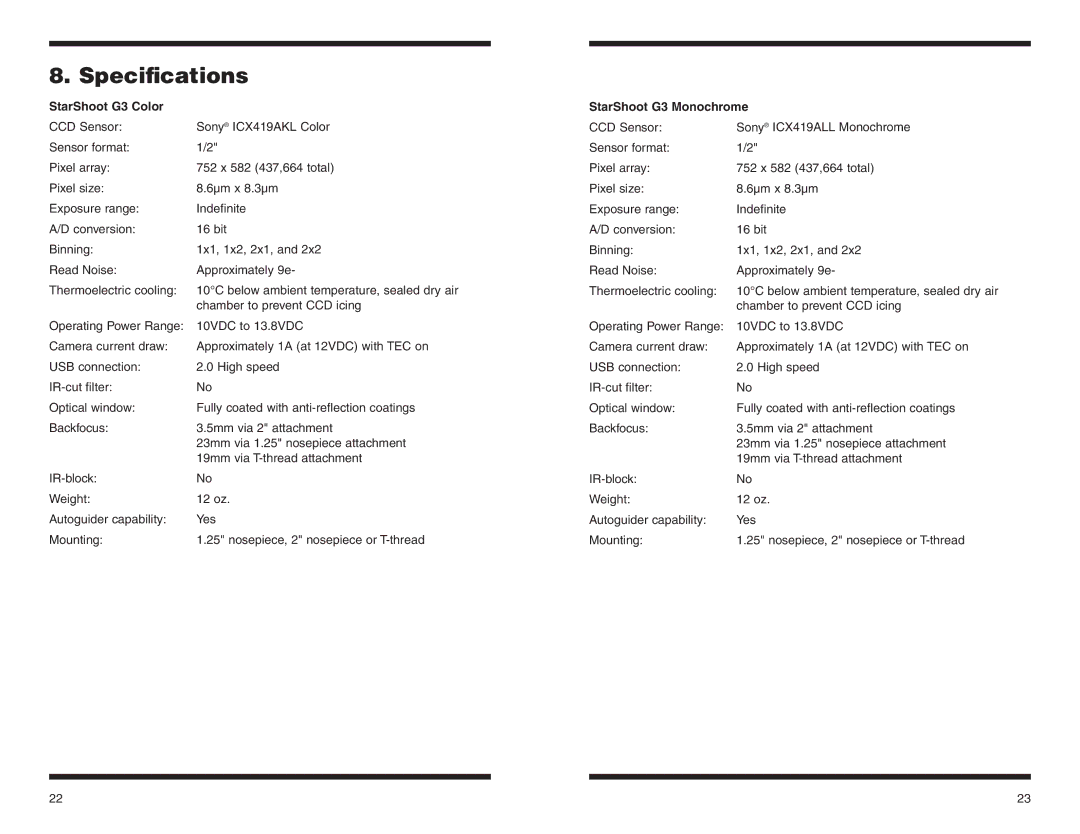 Orion instruction manual Specifications, StarShoot G3 Color StarShoot G3 Monochrome 